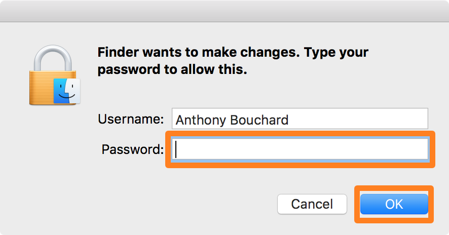 Entrez le mot de passe administrateur de Mac pour effectuer les modifications