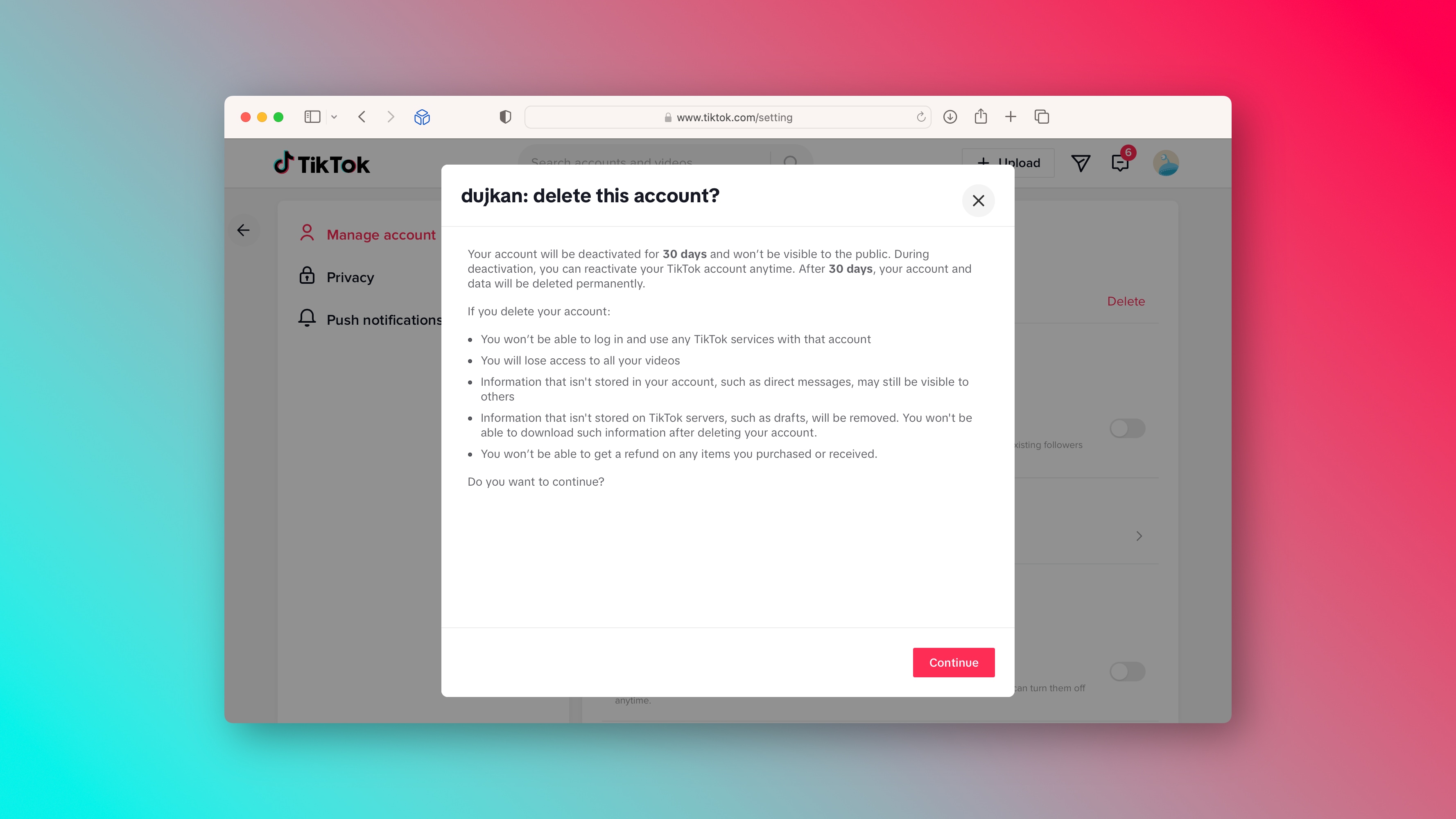 Une invite dans l'interface Web de TikTok demandant à l'utilisateur de confirmer la suppression du compte