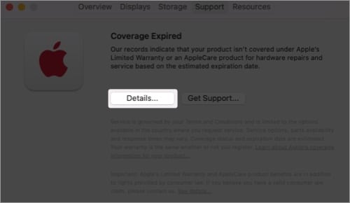Cliquez sur le bouton Détails, identifiant Apple pour vérifier l'état de la garantie de votre appareil