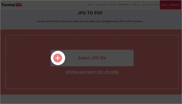 Visitez le site FormatPDF, cliquez sur le signe plus sélectionnez le fichier JPG