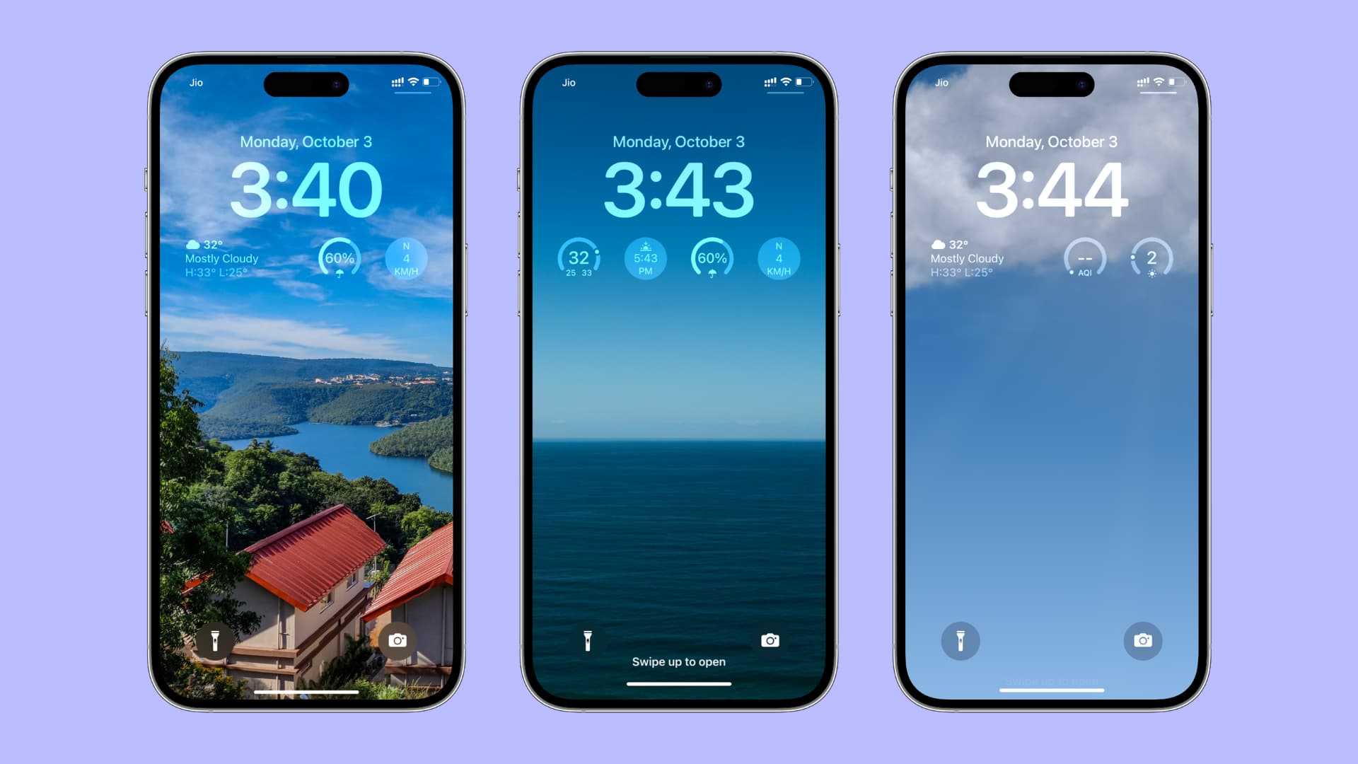 Trois maquettes d'iPhone montrant les conditions météorologiques sur l'écran de verrouillage de l'iPhone via des widgets météo et un fond d'écran météo intelligent