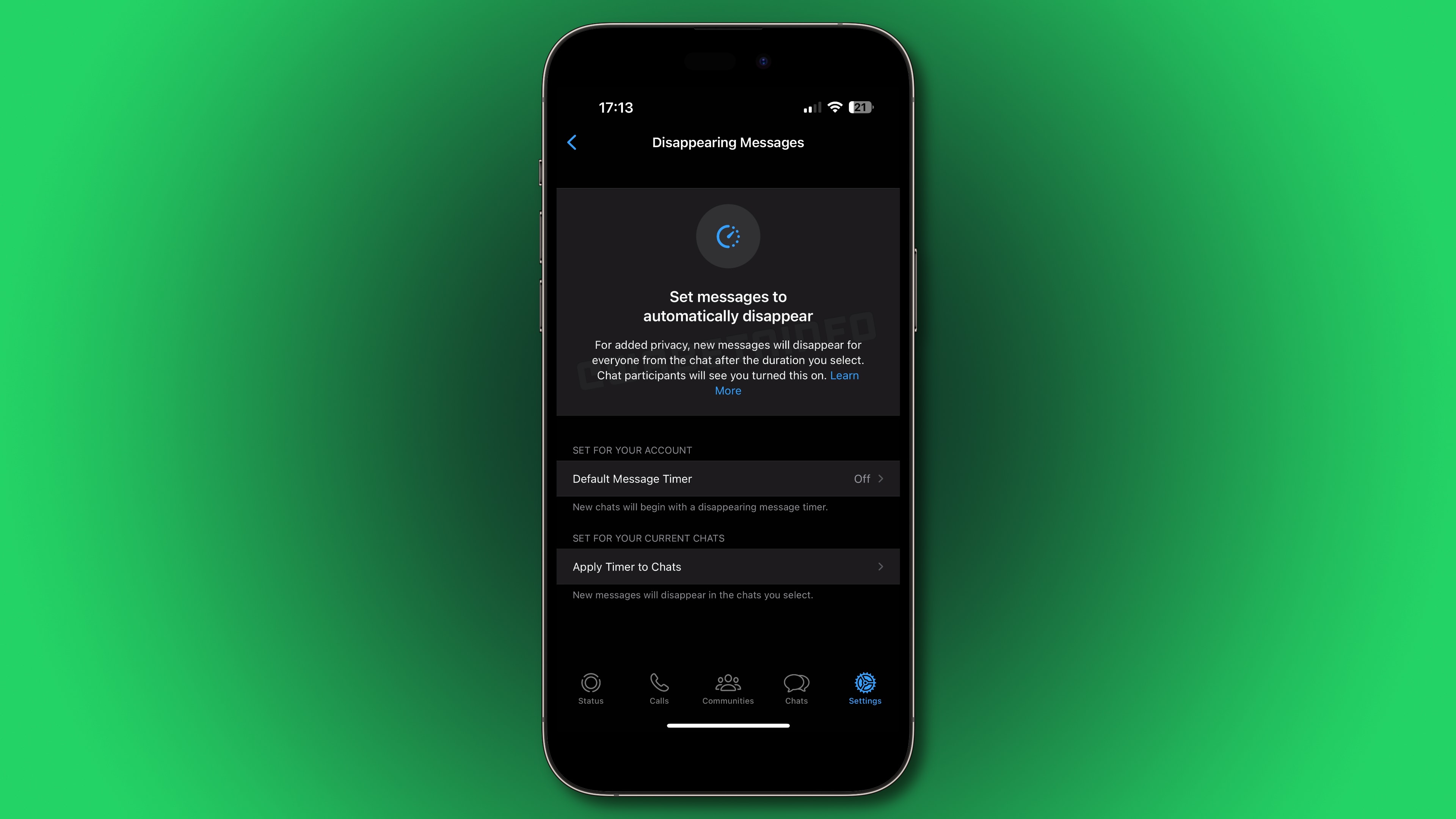 Capture d'écran de l'iPhone présentant les options de messages de disparition de WhatsApp