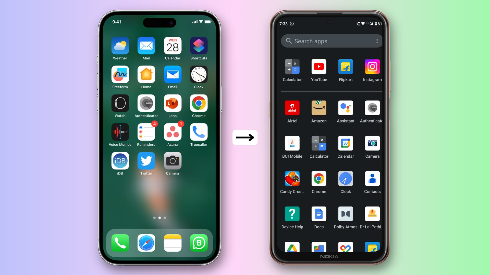 Un iPhone 14 Pro et un téléphone Android sont maintenus côte à côte avec une flèche pointant vers le téléphone Android, signifiant le passage d'iOS à Android