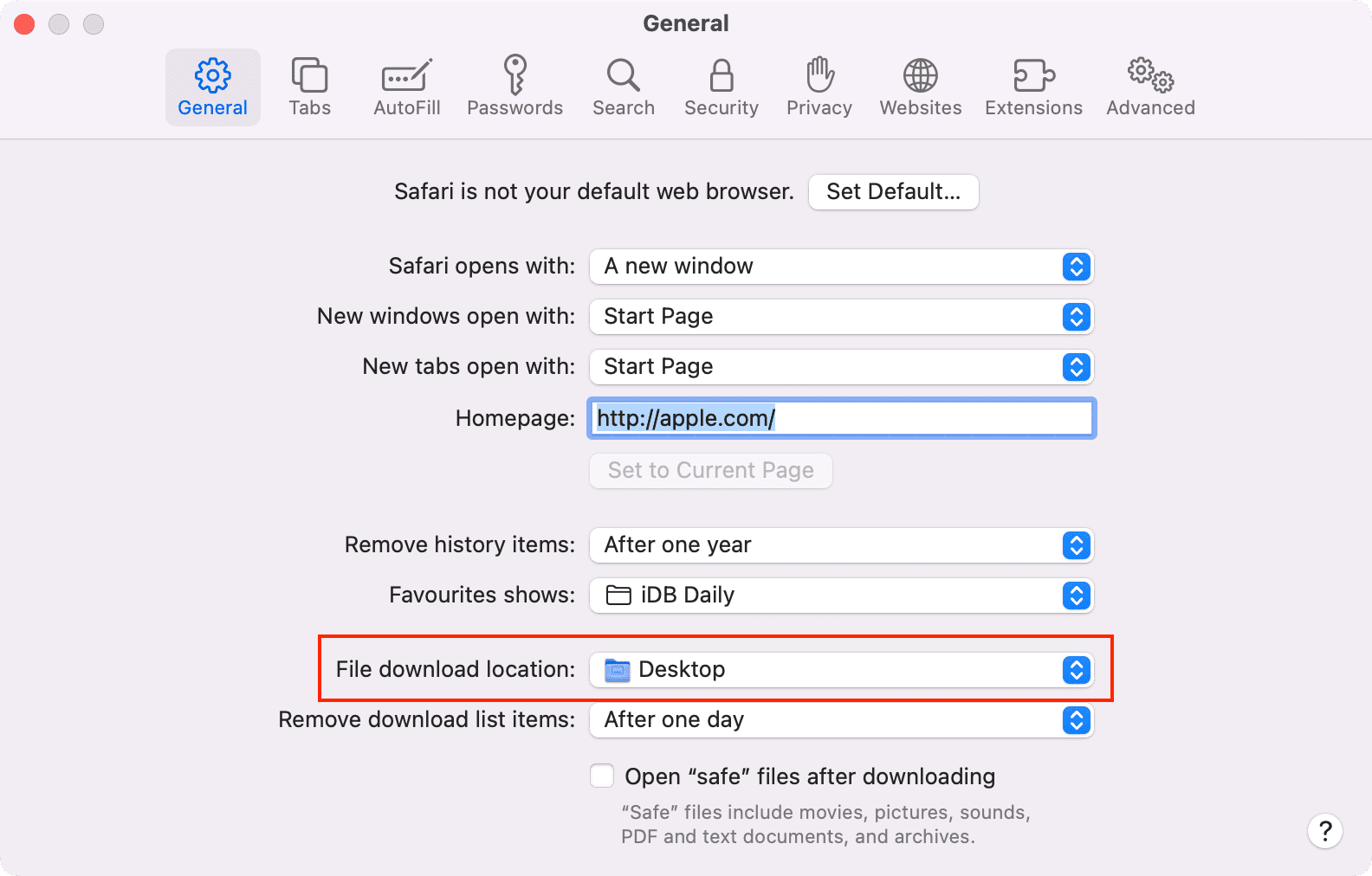 Emplacement de téléchargement du fichier dans Safari sur Mac