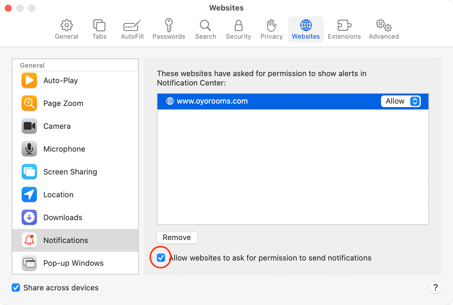 Autoriser les sites Web à demander l'autorisation d'envoyer des notifications dans Safari sur Mac