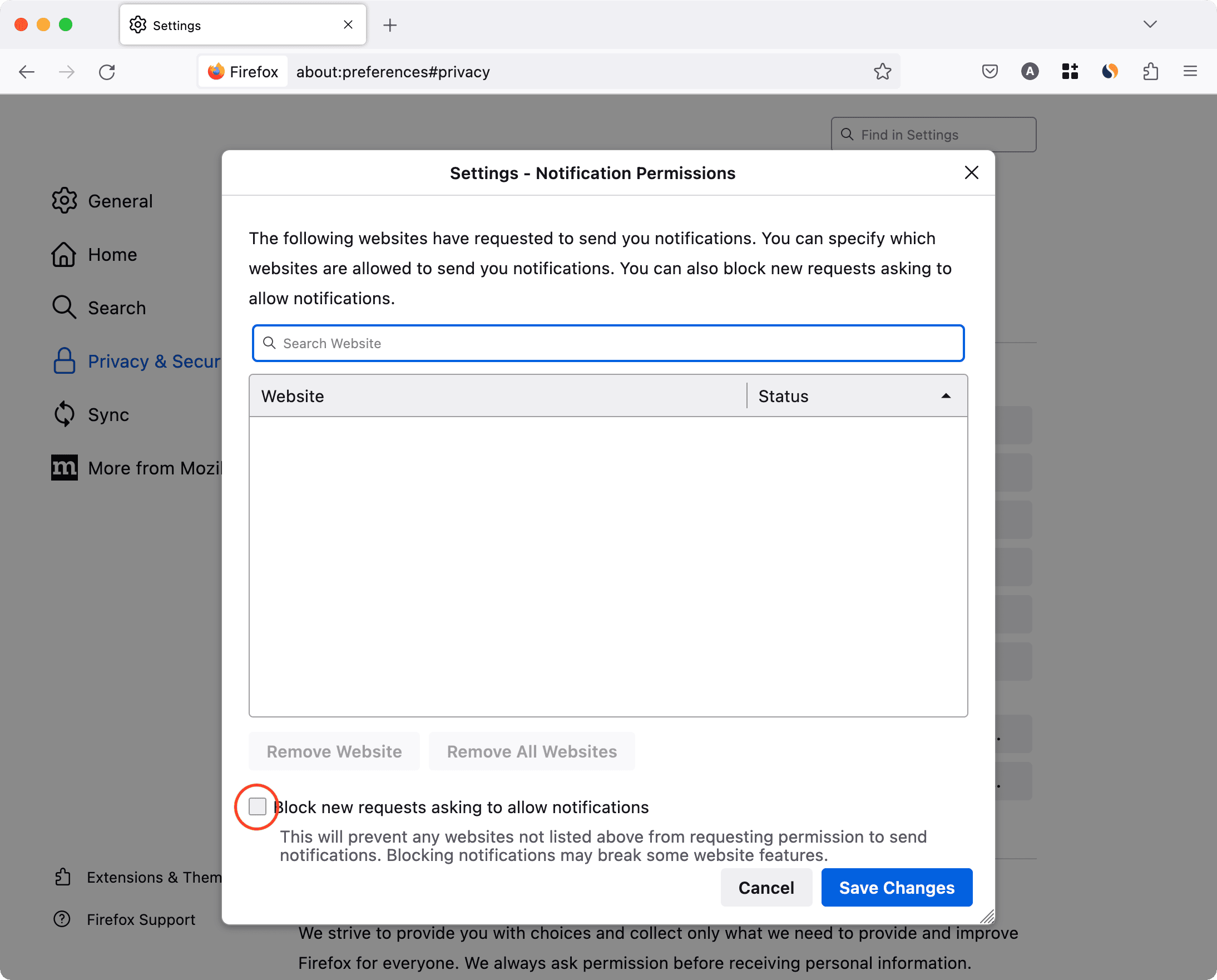 Bloquer les nouvelles requêtes demandant d'autoriser les notifications dans Firefox