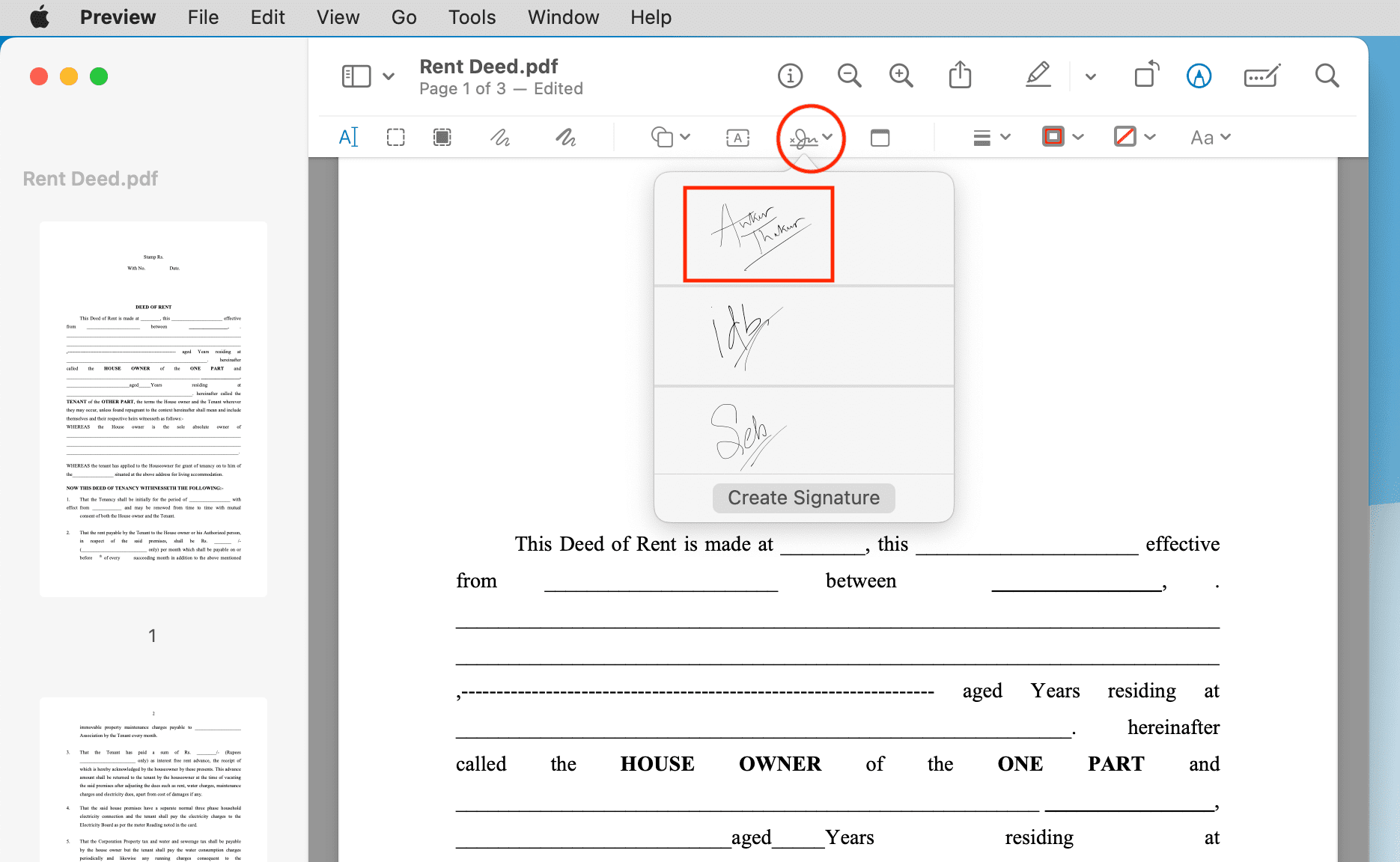 Sélectionnez votre signature à utiliser en PDF sur Mac
