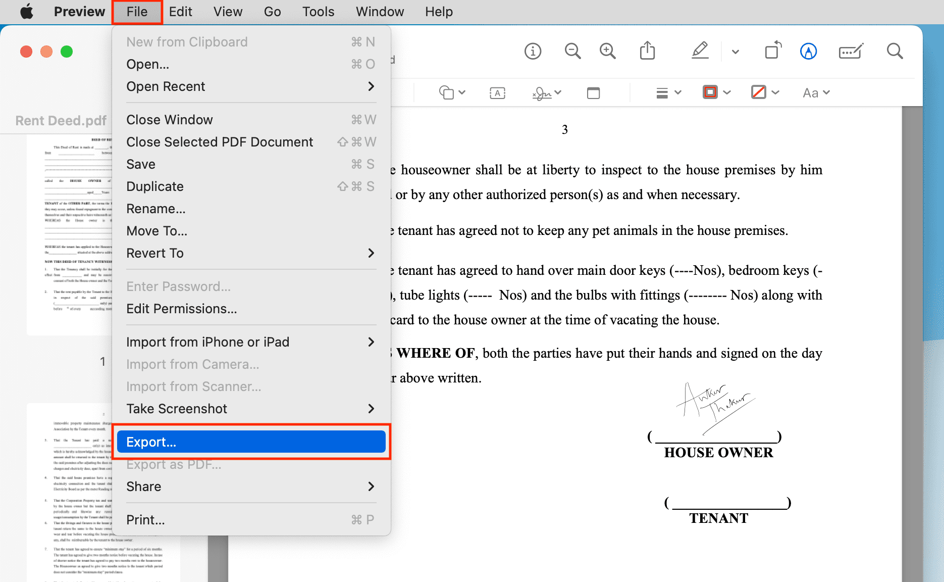 Exporter un PDF avec signature sur Mac