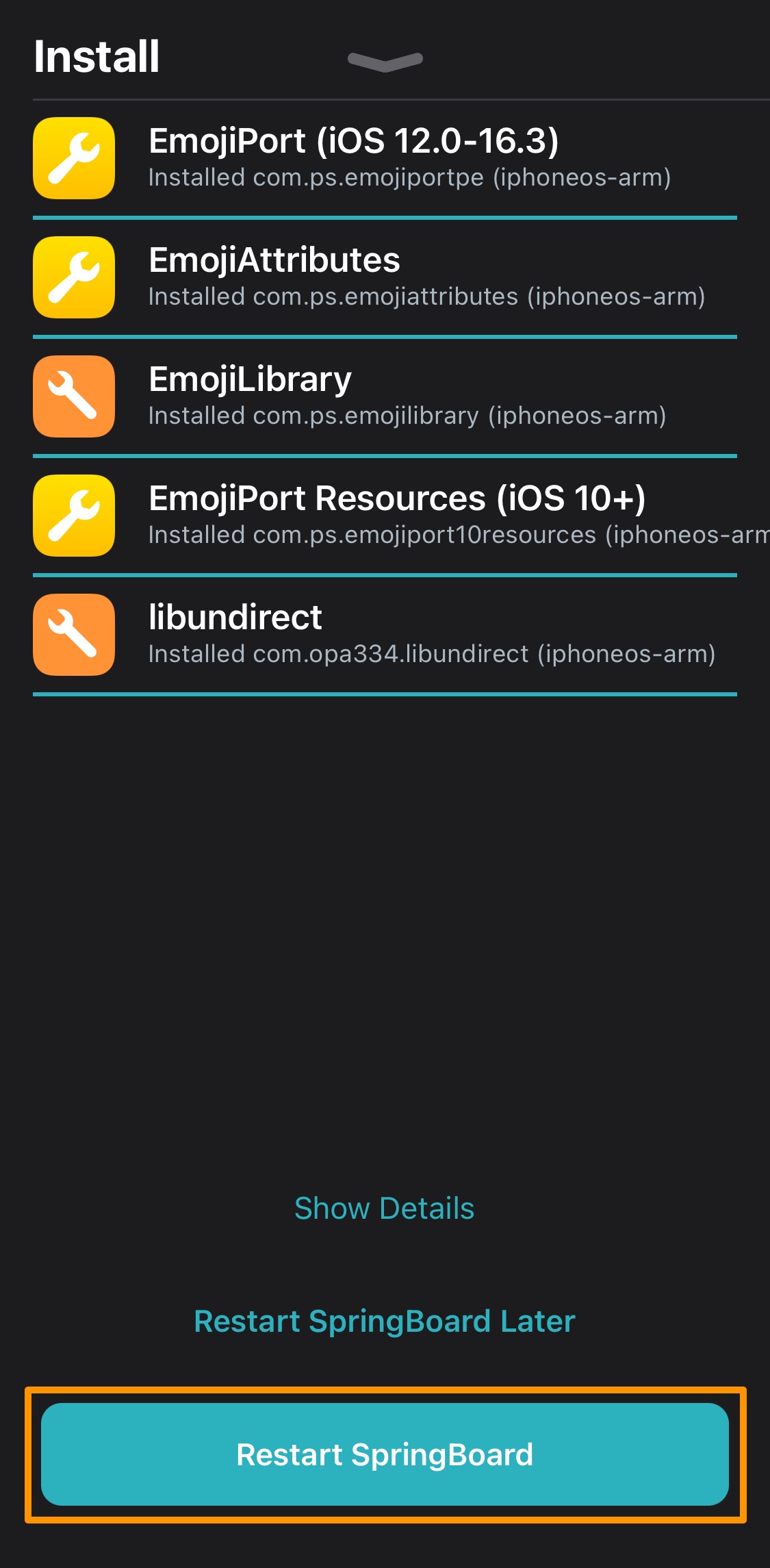 Redémarrez l'installation de SpringBoard EmojiPort.
