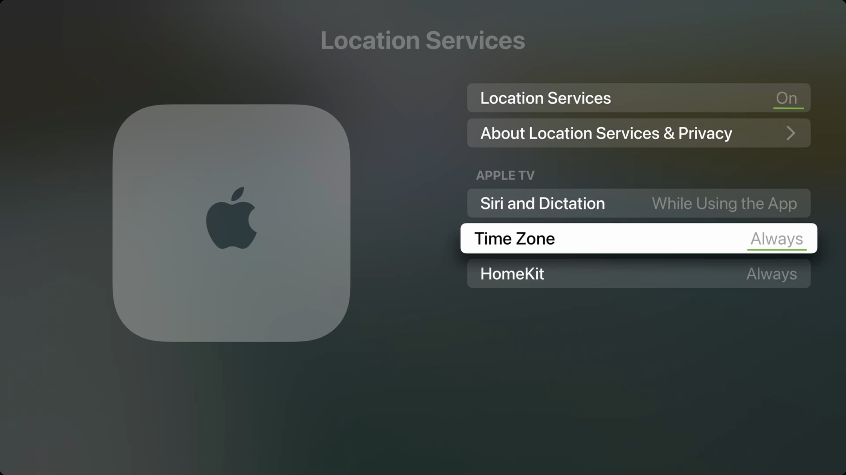 Autoriser l'emplacement pour définir le fuseau horaire sur Apple TV