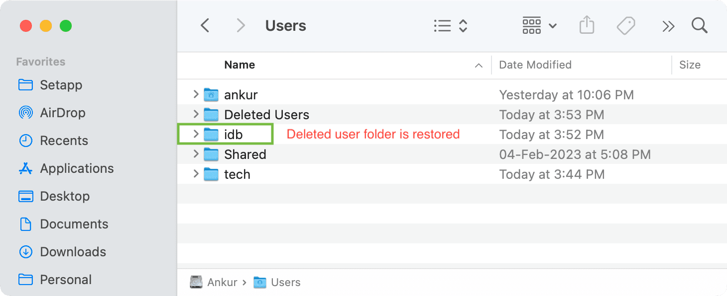 Dossier d'accueil de l'utilisateur supprimé restauré sur Mac