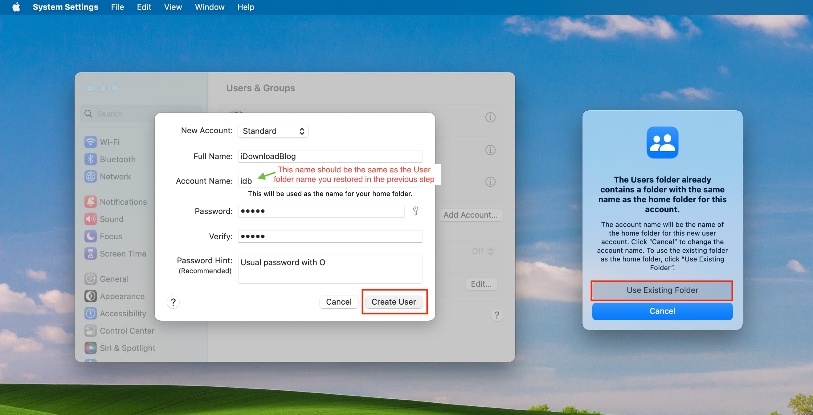 Créez un nouveau compte d'utilisateur sur Mac avec exactement le même nom de compte que le dossier de départ restauré