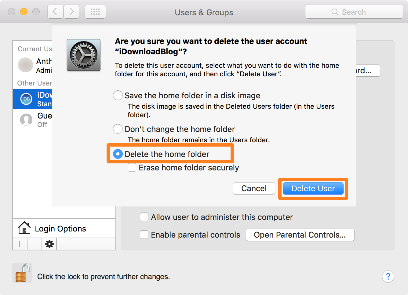 supprimer le compte d'utilisateur Mac - Dossier d'accueil