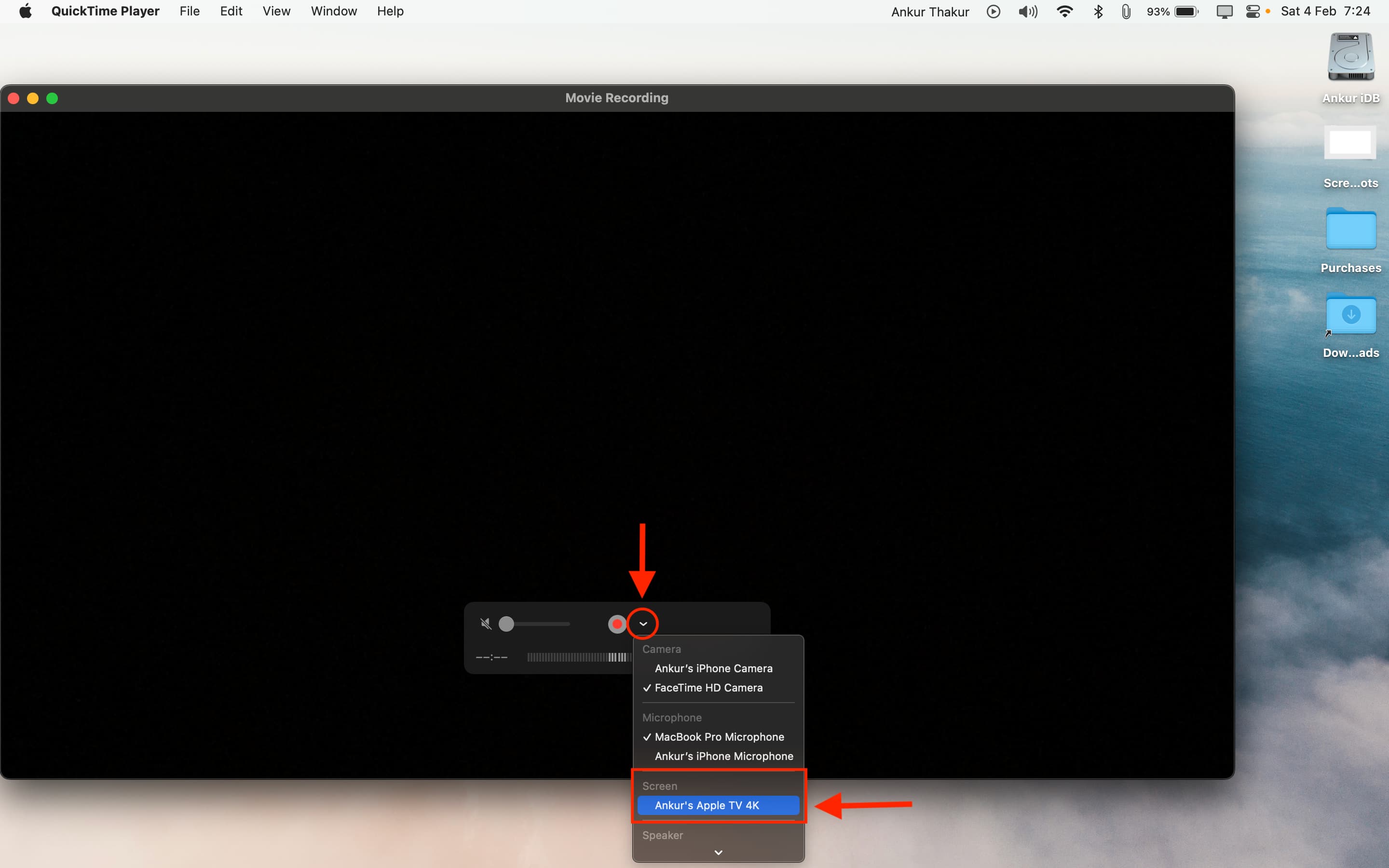 Sélectionnez votre Apple TV comme écran dans QuickTime Player sur Mac