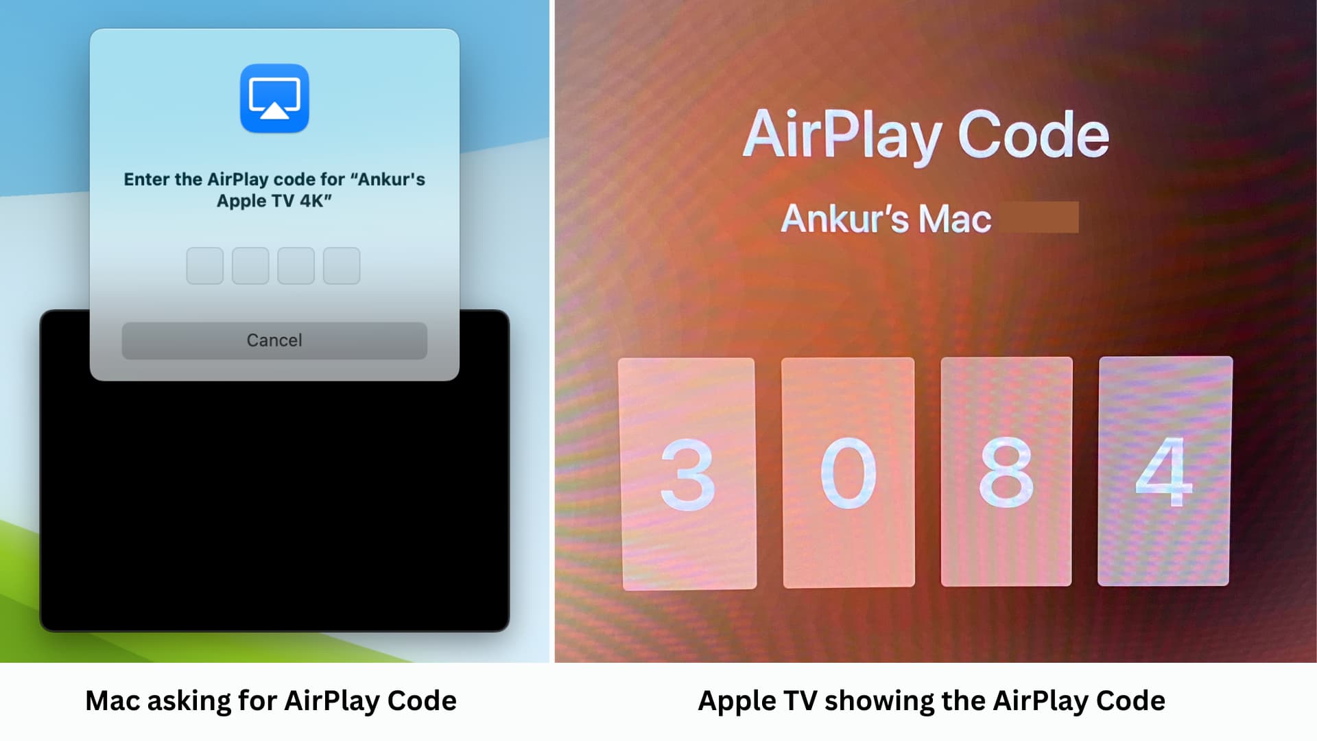 Mac demandant le code AirPlay et Apple TV montrant ce code à quatre chiffres qui doit être saisi sur Mac pour confirmation