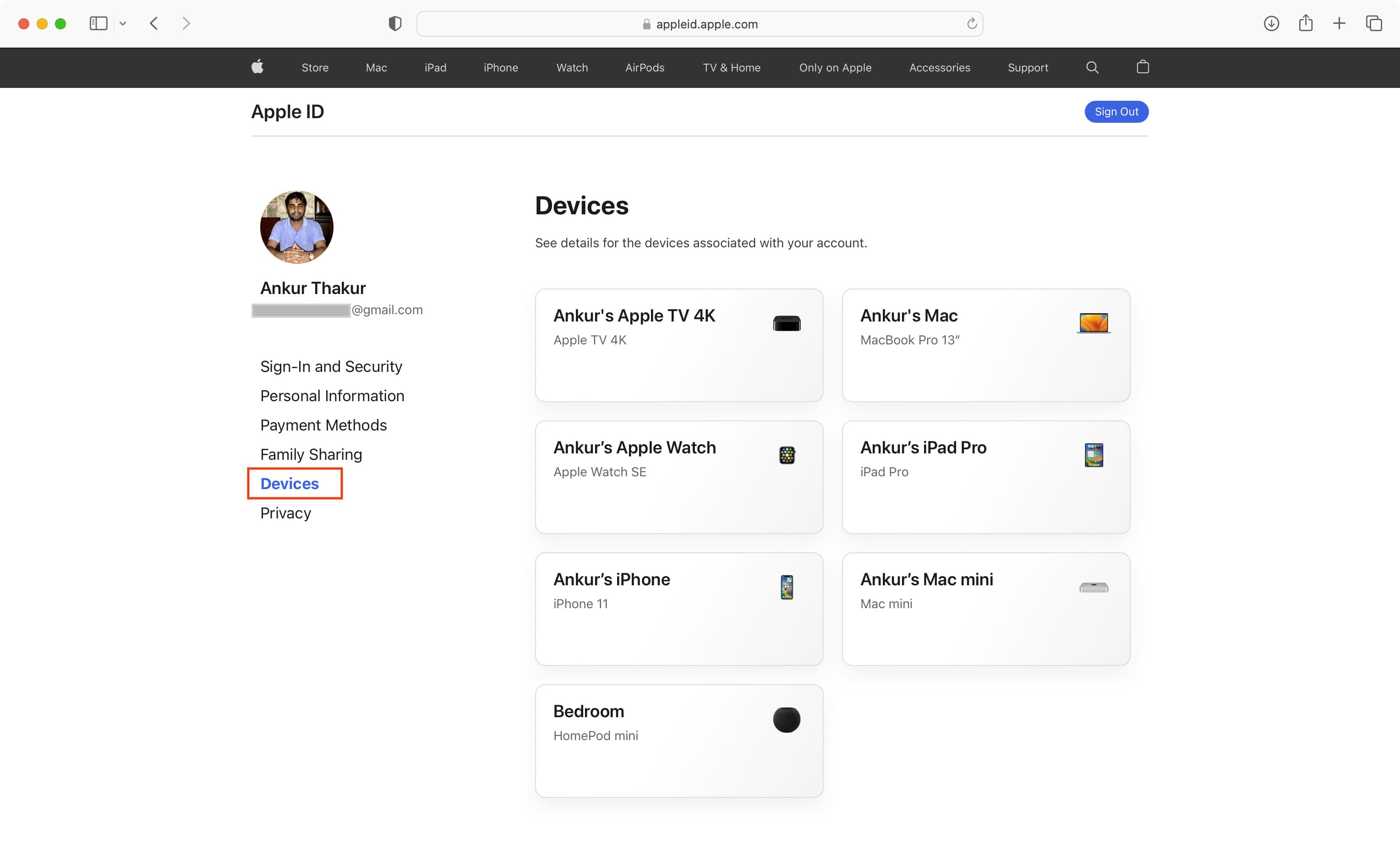 Tous vos appareils Apple sur le site Web Apple ID
