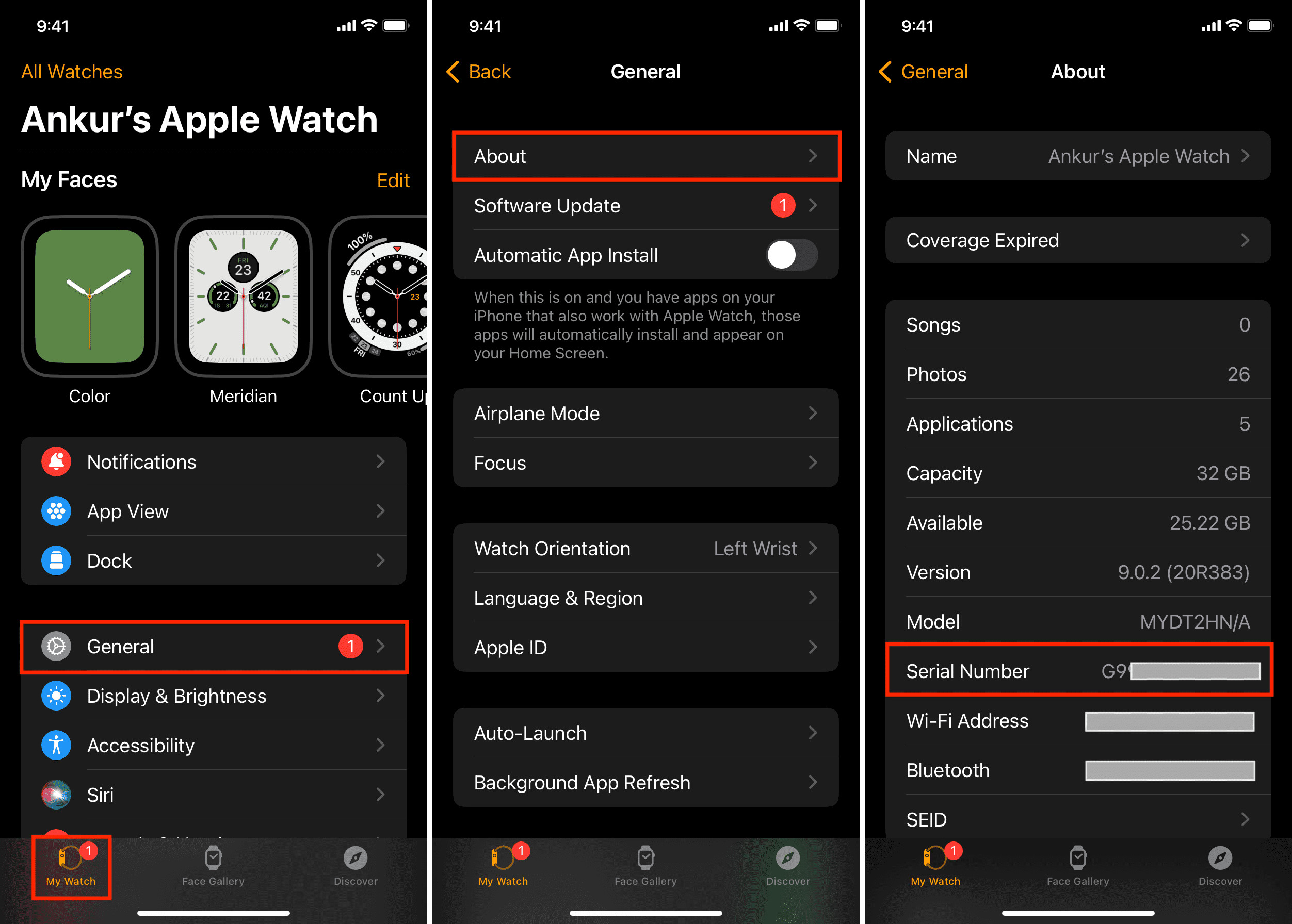 Trouver le numéro de série de l'Apple Watch dans l'application iPhone Watch