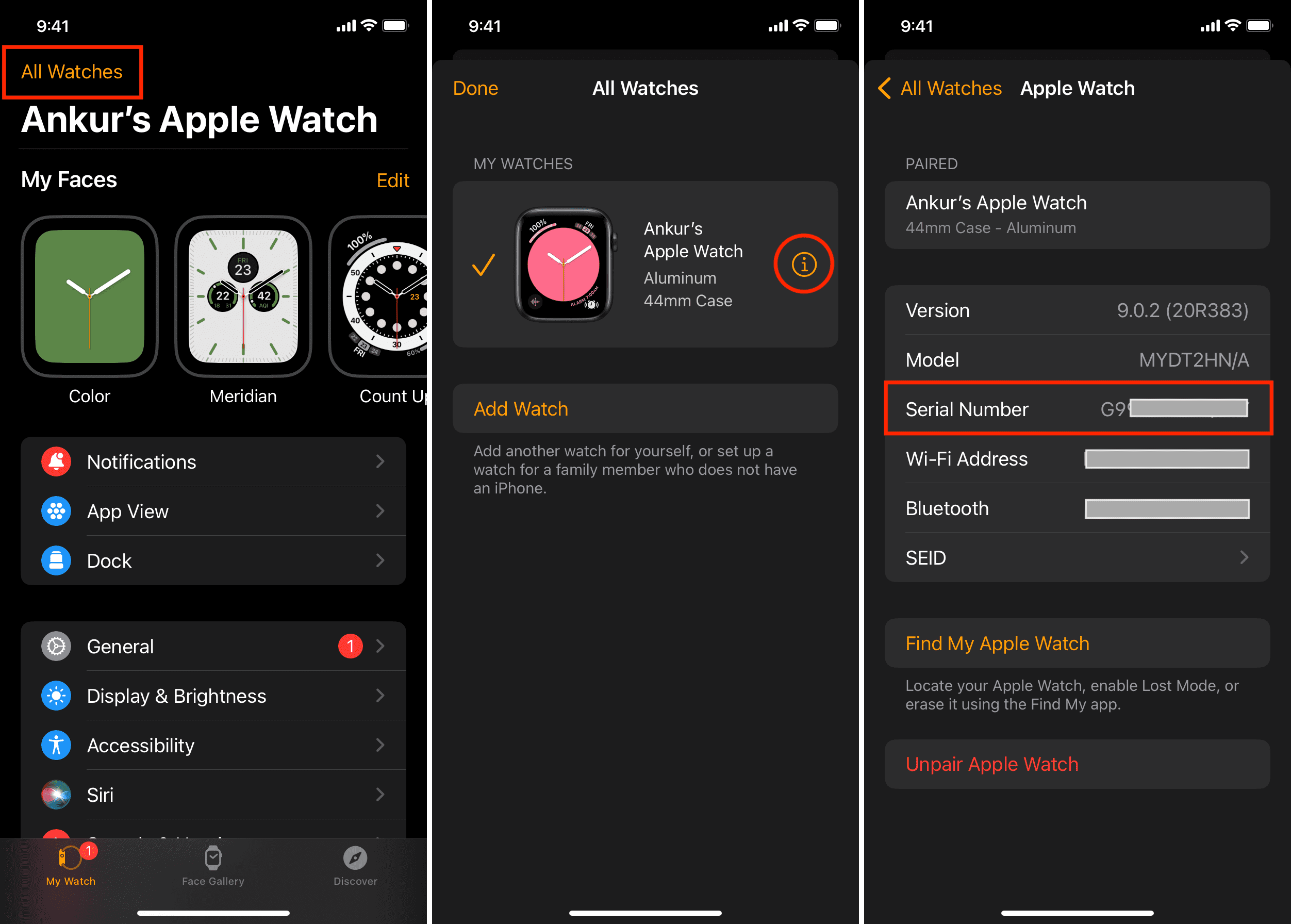 Trouvez le numéro de série de l'Apple Watch à l'aide du bouton d'information dans l'application Watch