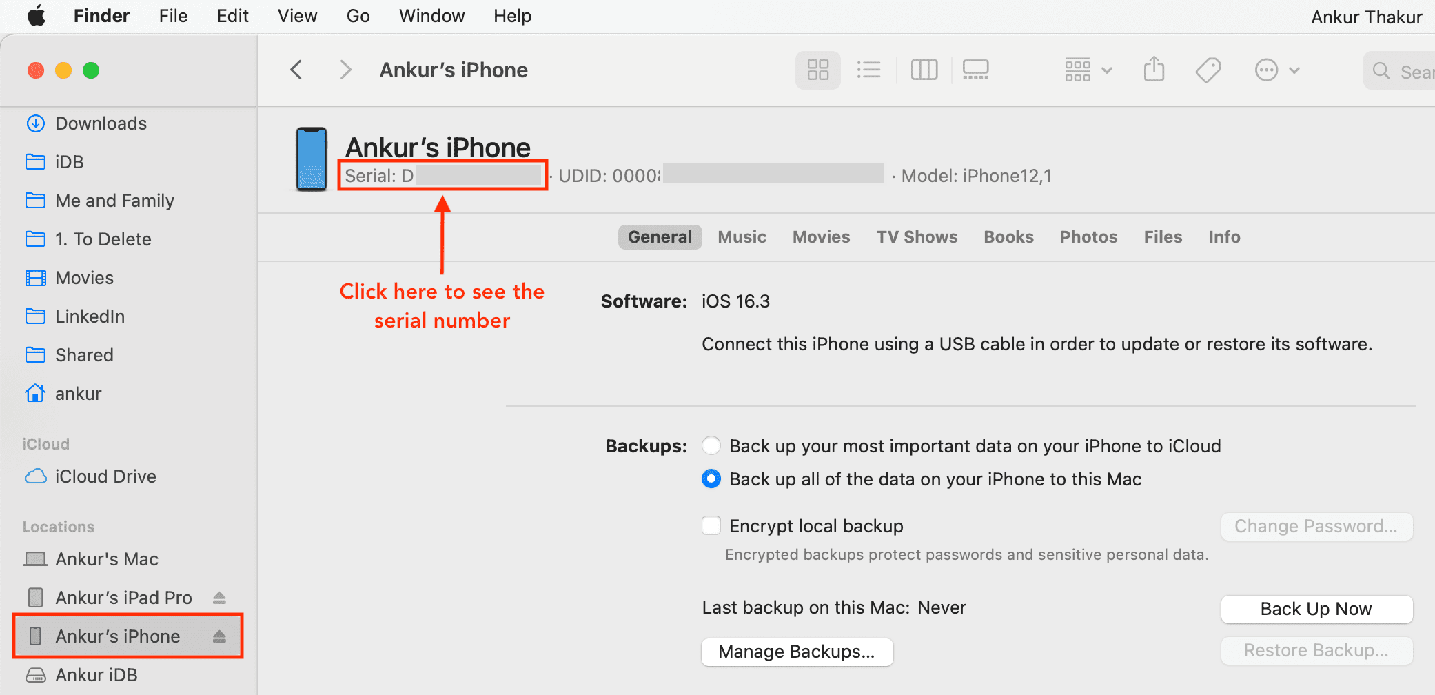 Voir le numéro de série de l'iPhone dans le Finder sur Mac