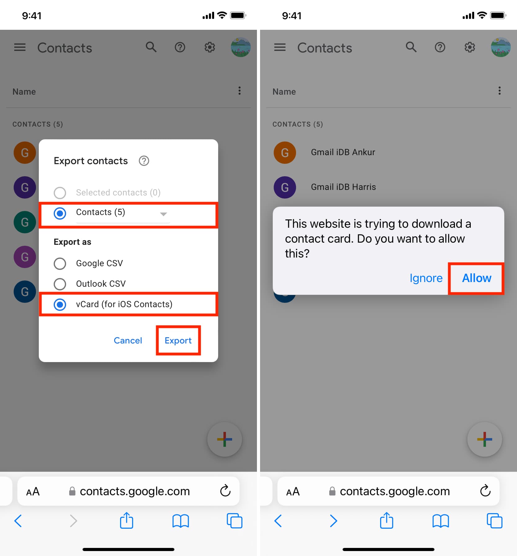 Télécharger Google Contacts en tant que vCard sur iPhone