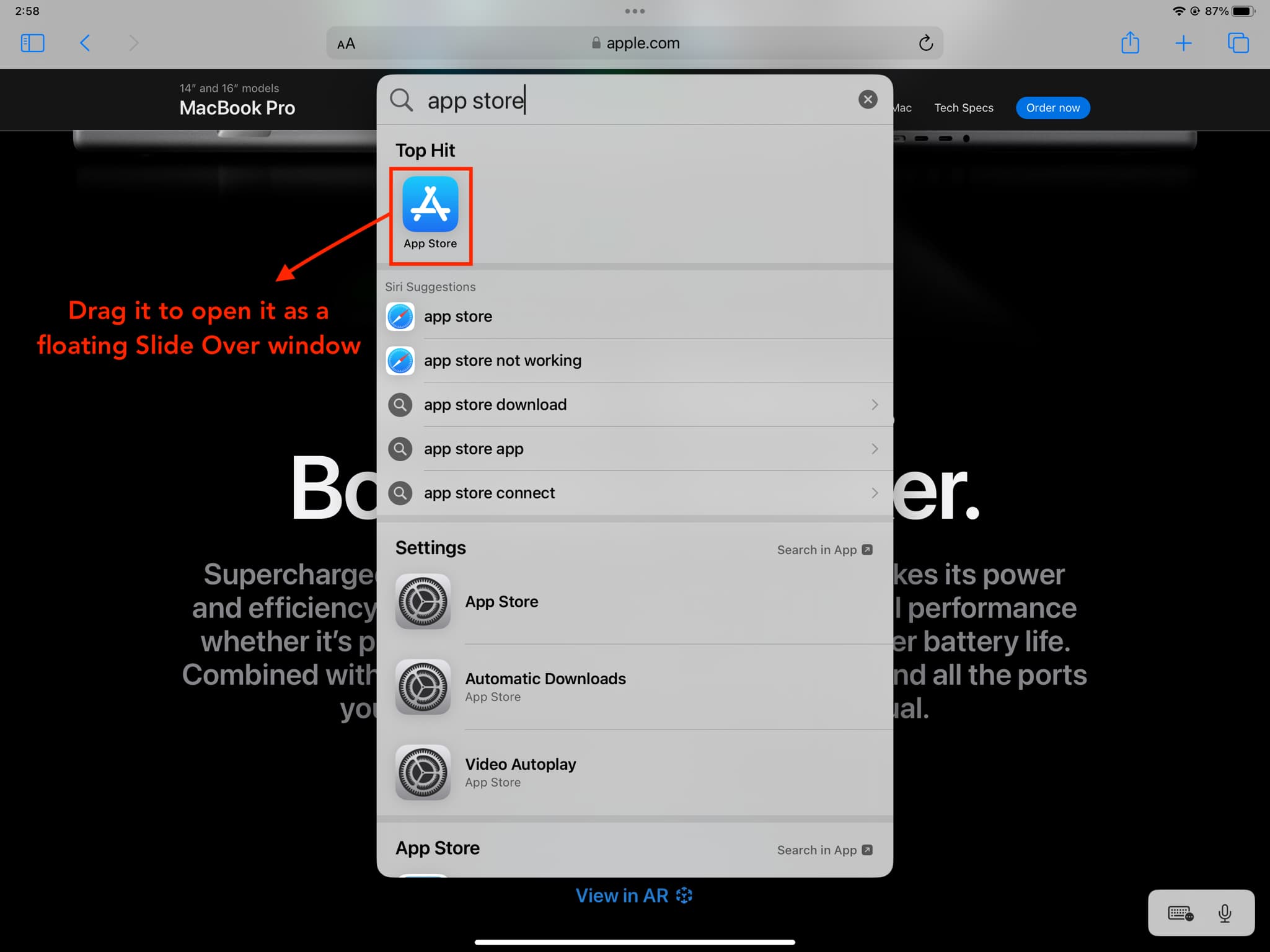 Tapez le nom de l'application dans Spotlight Search sur iPad et faites-le glisser pour Slide Over