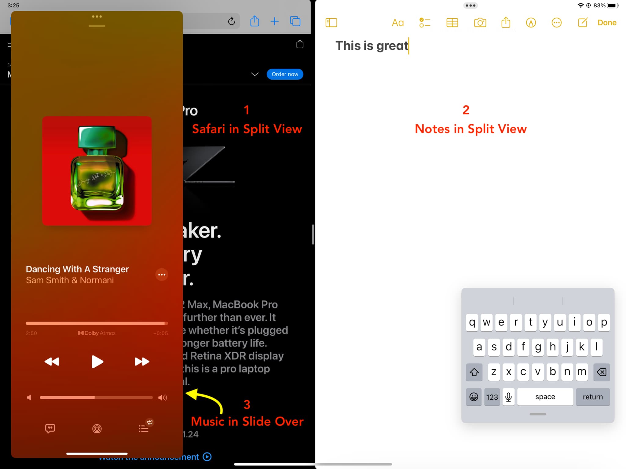 Trois applications ouvertes sur l'écran de l'iPad en même temps à l'aide de Split View et Slide Over