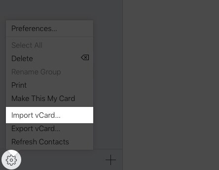 cliquez sur paramètres et sélectionnez importer vcard dans icloud sur mac