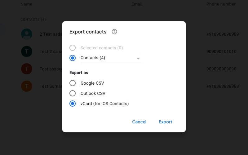 exporter les contacts du compte google vers l'ordinateur