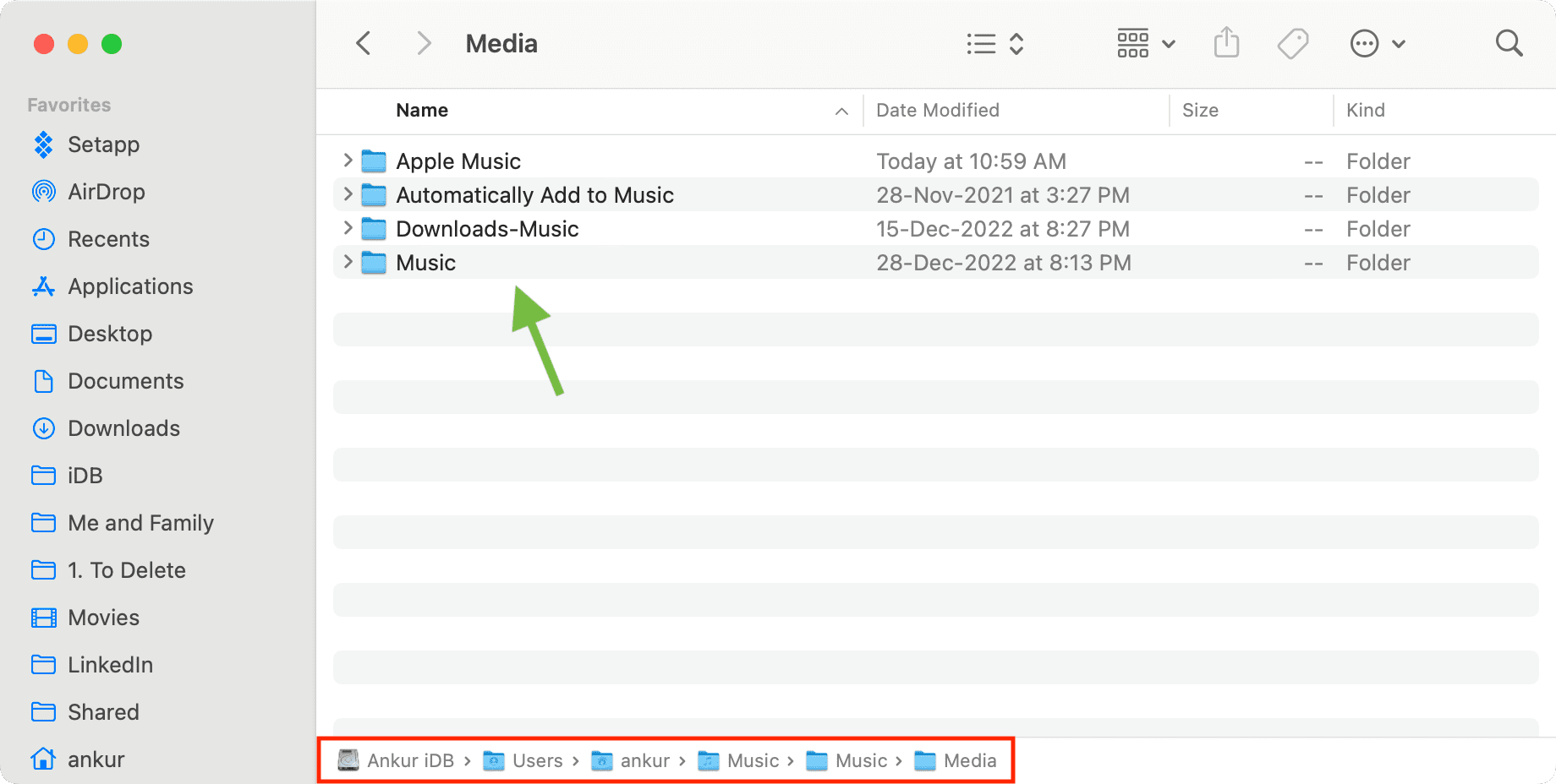 Dossier Music Media dans le Finder sur Mac