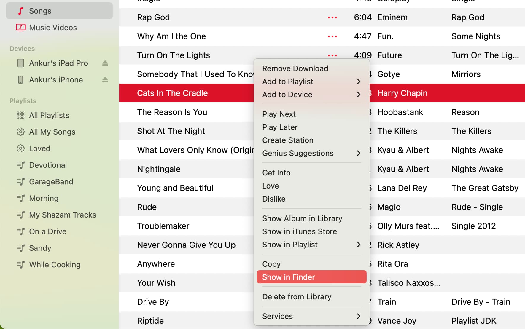 Afficher dans l'application Finder dans Musique sur Mac