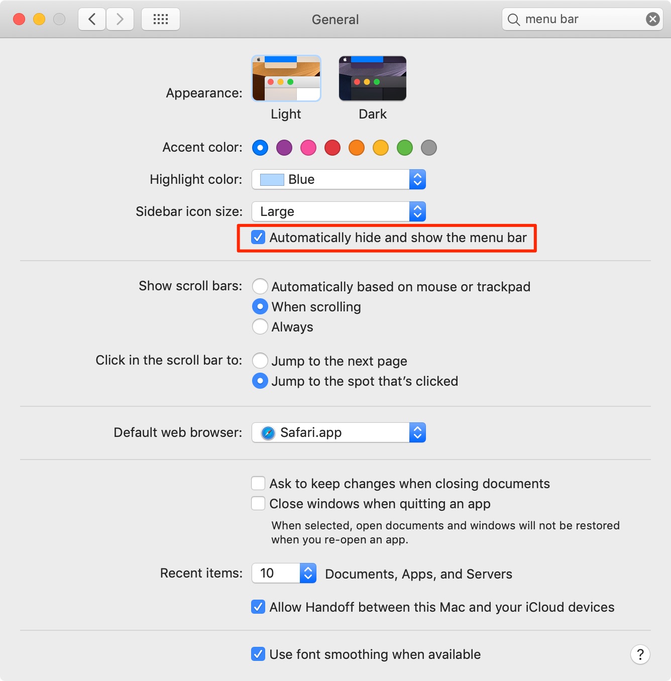 Masquer et afficher automatiquement la barre de menus dans les Préférences Système Mac