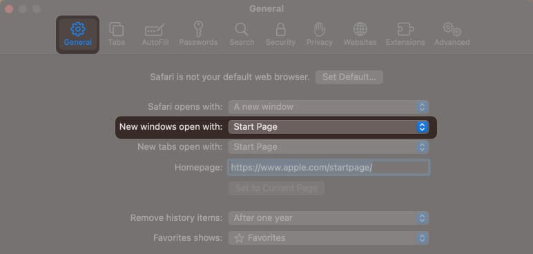 Page de démarrage personnalisée dans Safari sur Mac