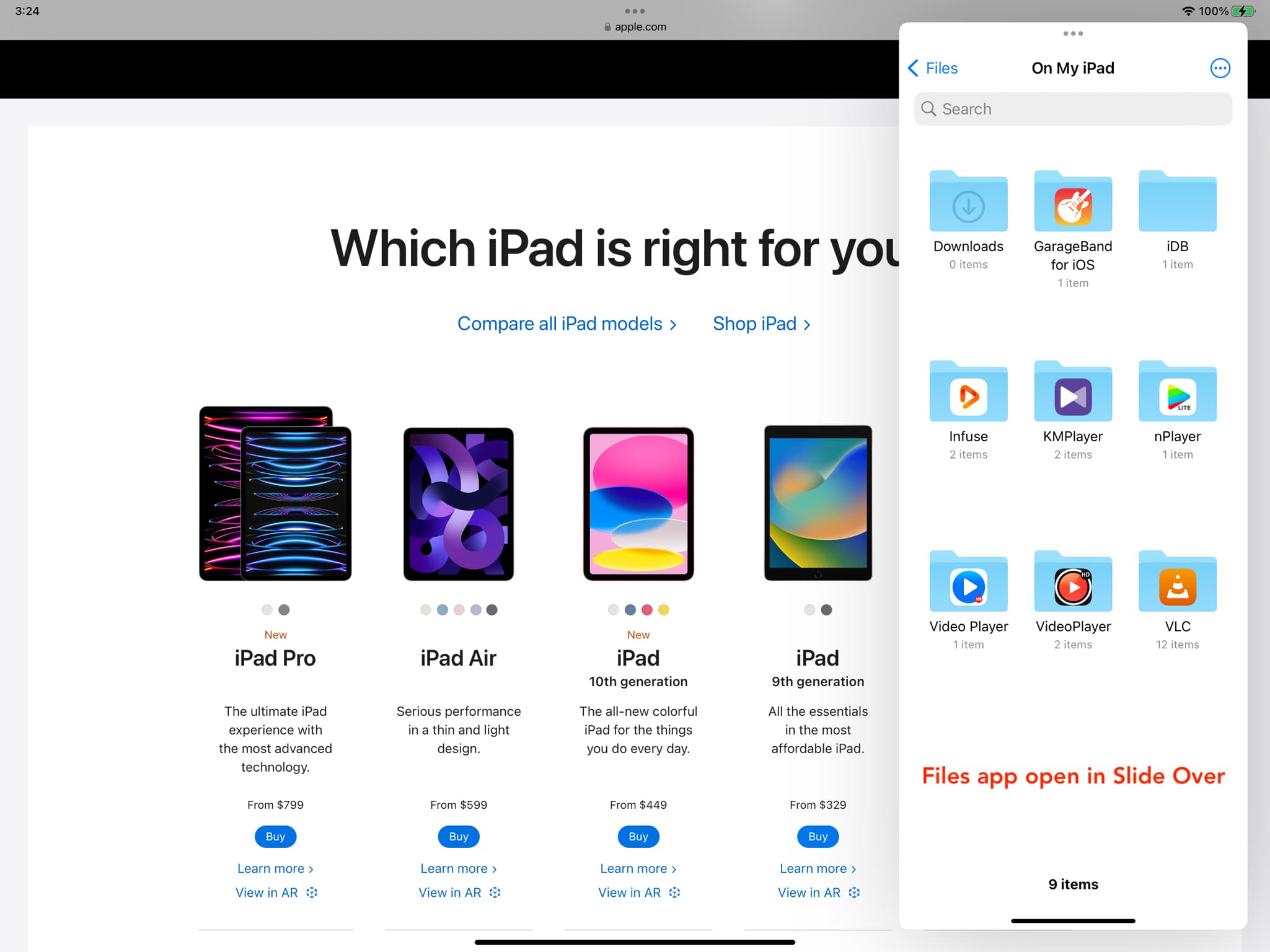 Application Fichiers ouverte dans Slide Over sur iPad