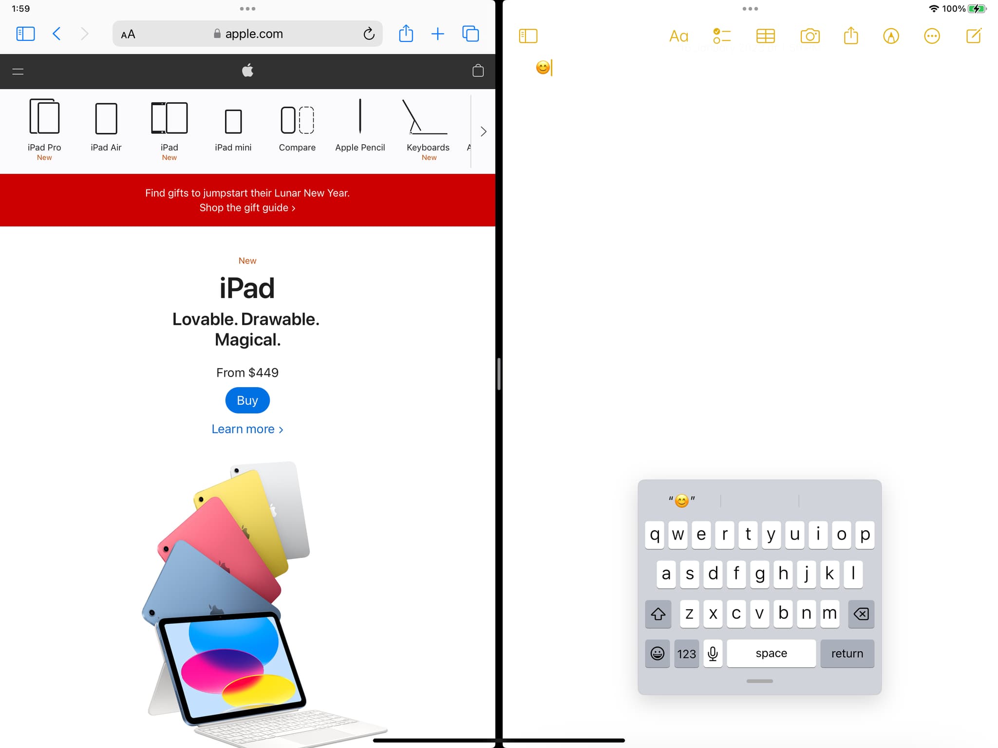 Split View sur iPad montrant Safari et Notes côte à côte