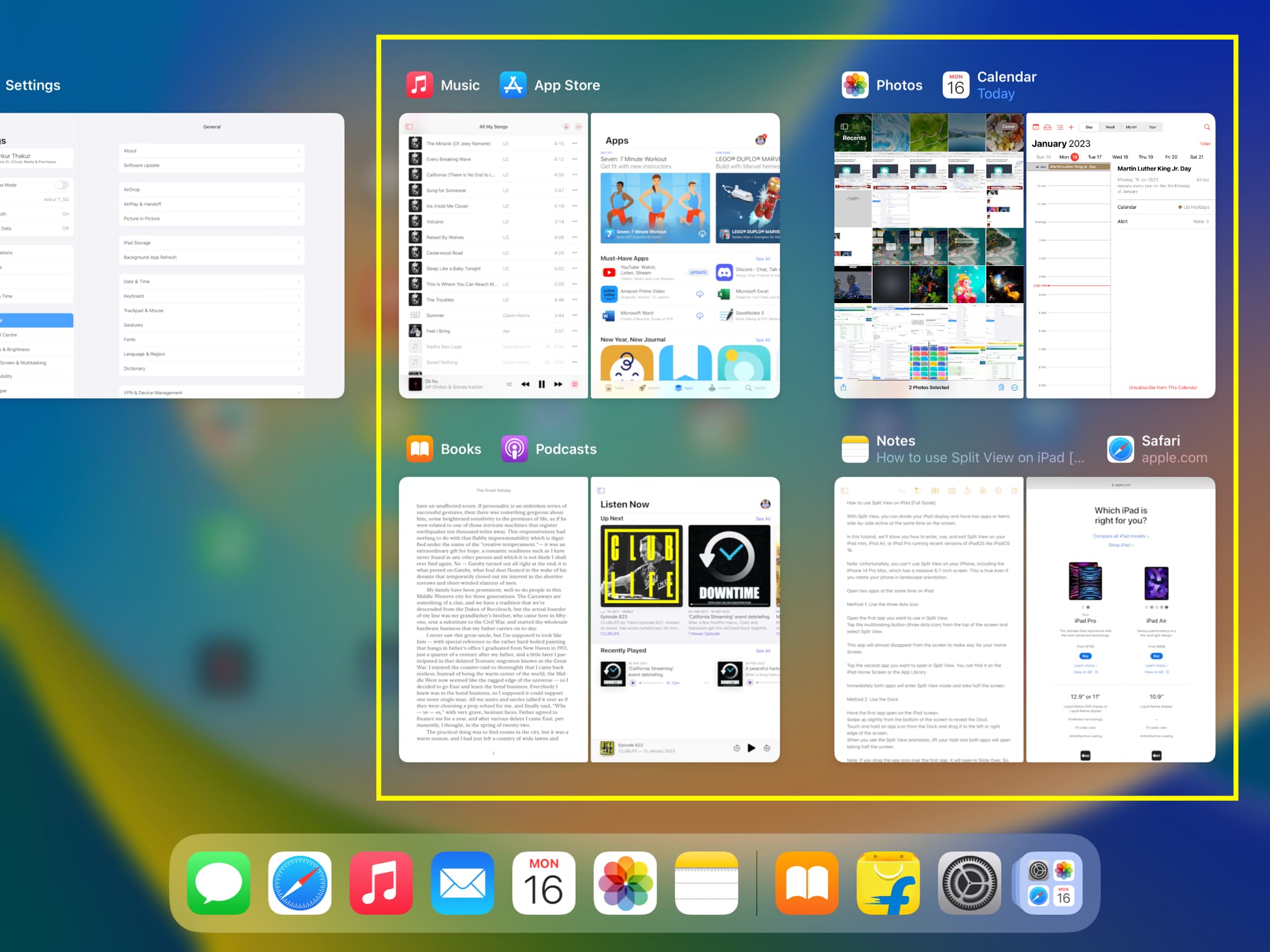 App Switcher affichant les applications en Split View sur iPad
