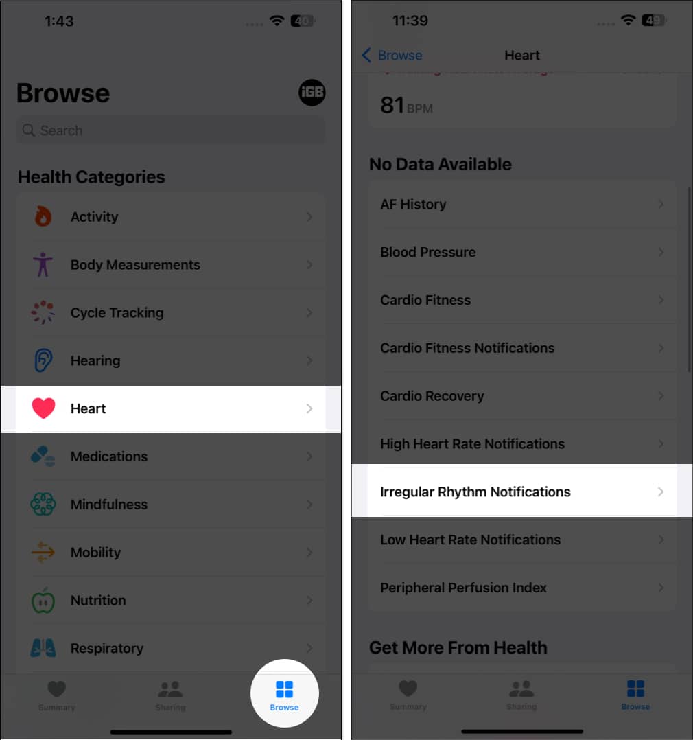 Appuyez sur Notifications de rythme irrégulier dans l'application Santé sur iPhone