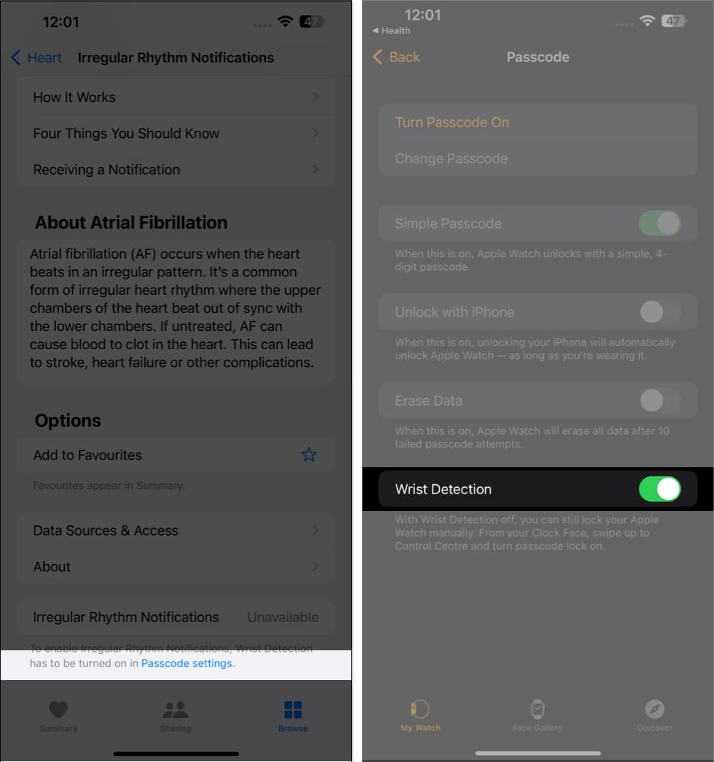 Activer la détection du poignet dans l'application Watch sur iPhone