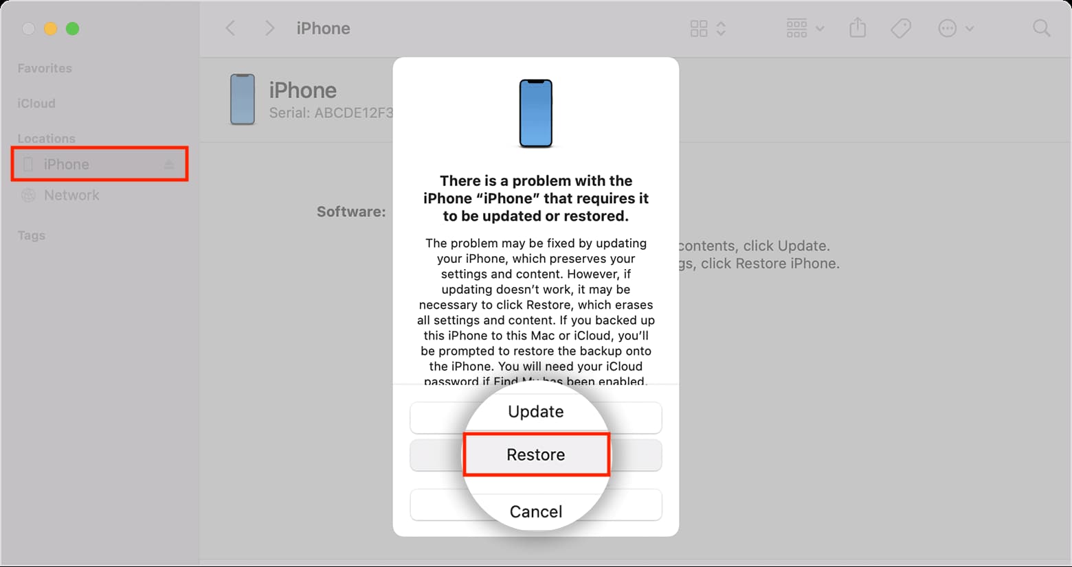 Restaurer l'iPhone à l'aide du Finder sur Mac