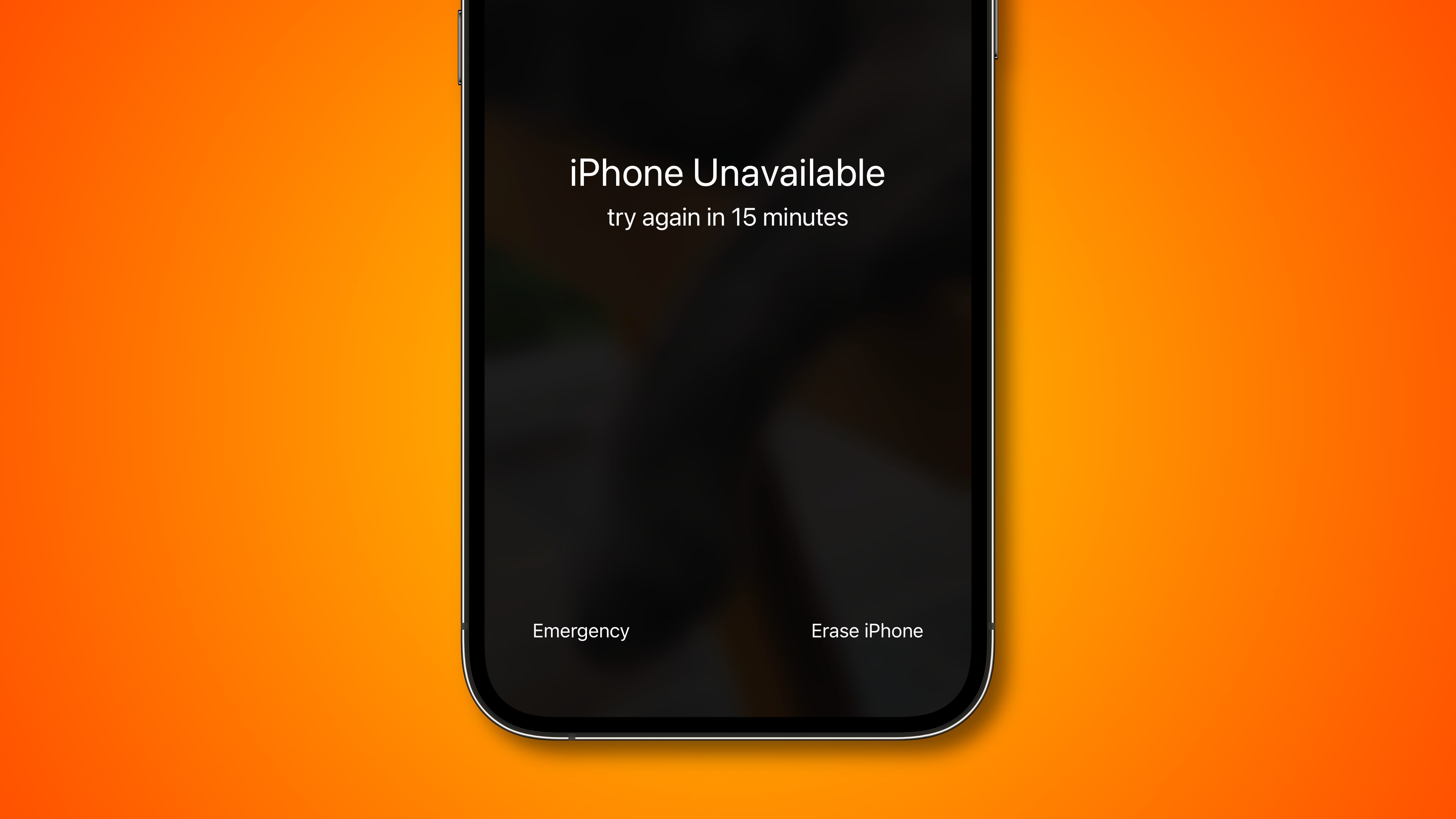 Capture d'écran de l'appareil iPhone avec le "iPhone indisponible" message sur l'écran de verrouillage et le "Effacer l'iphone" option en bas à droite, sur un fond dégradé vif