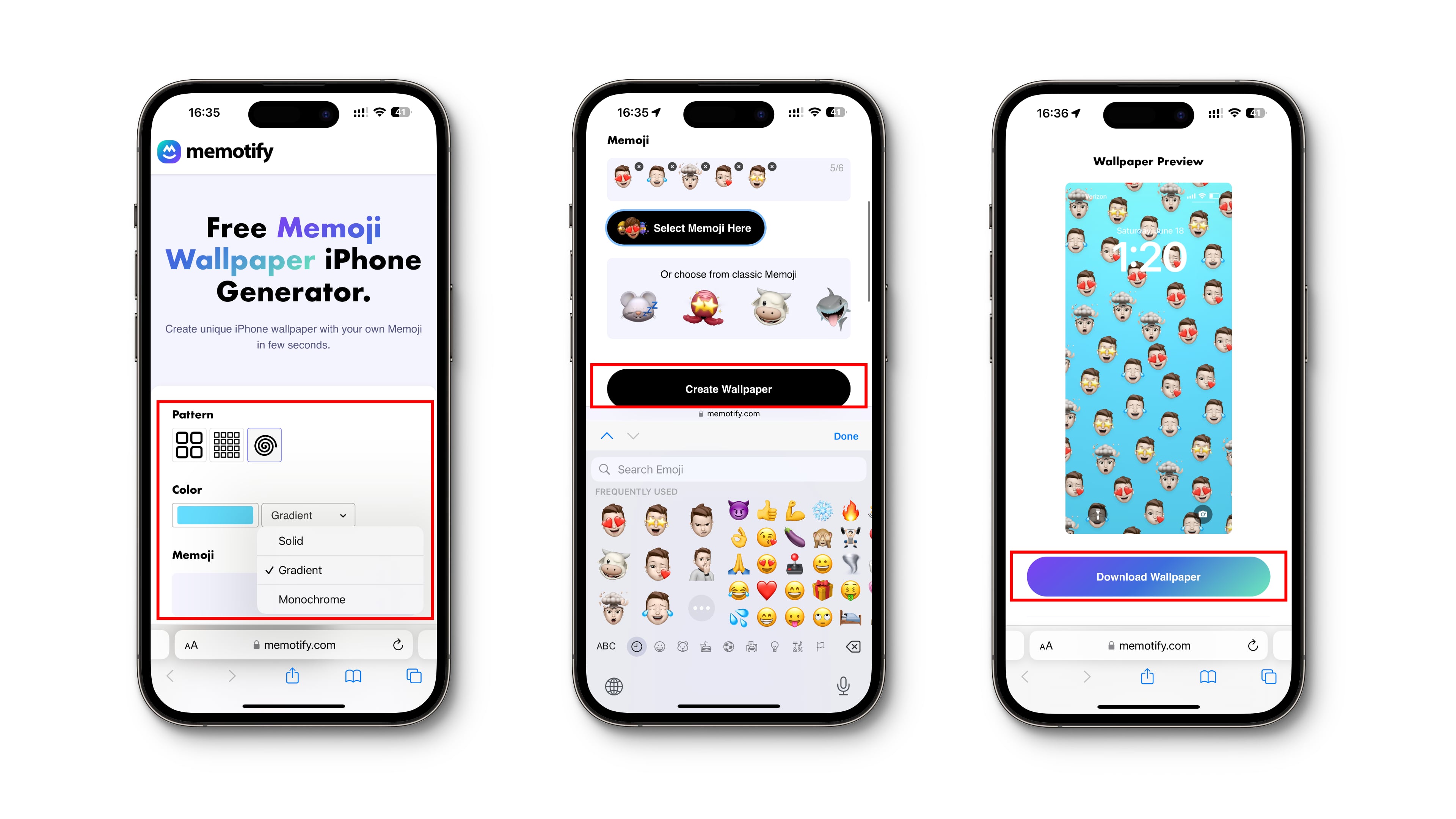 Utilisation de l'application Web Memotify dans Safari sur iPhone pour transformer les autocollants Memoji en fond d'écran iPhone