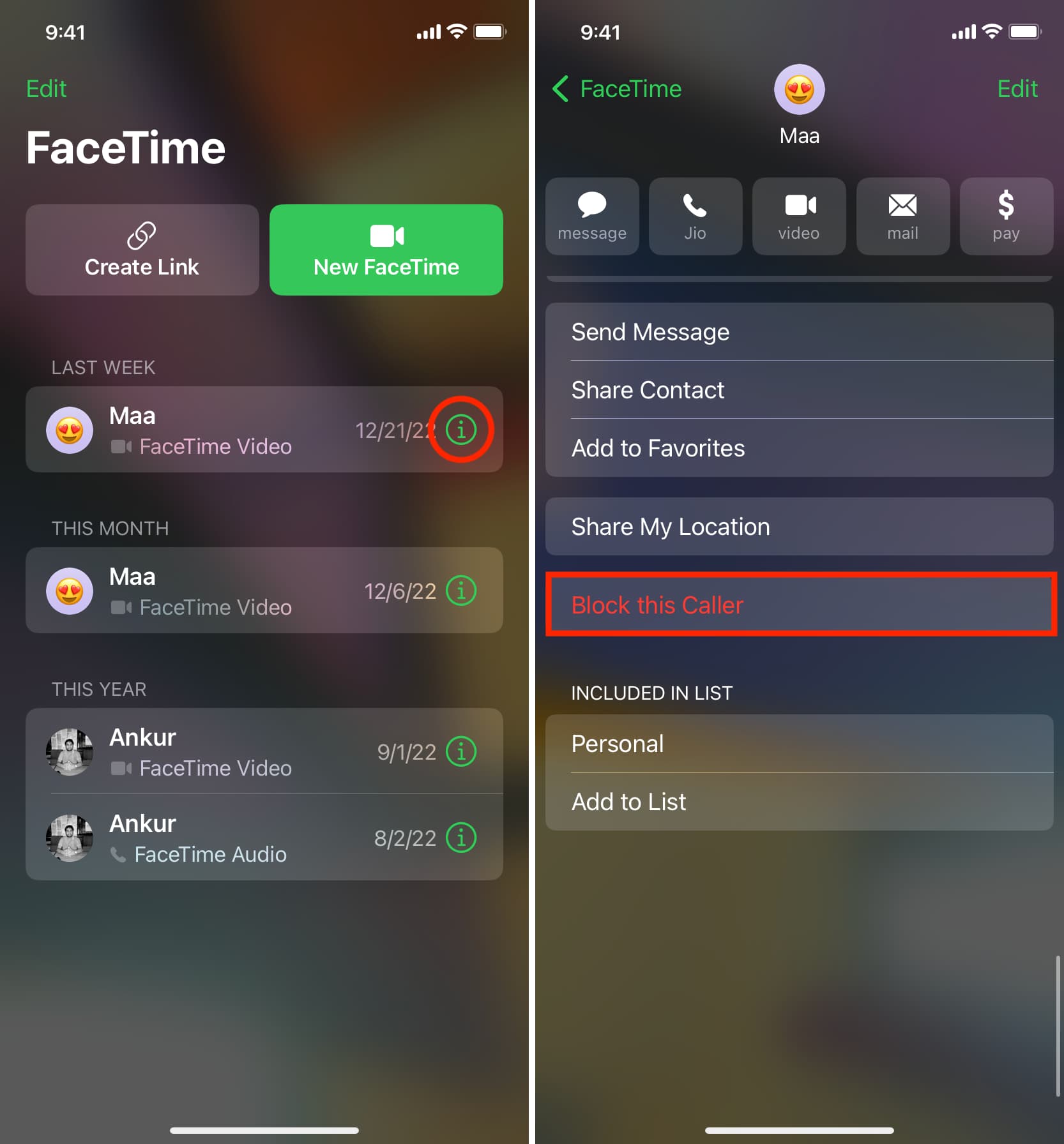 Bloquer l'appelant dans l'application FaceTime sur iPhone