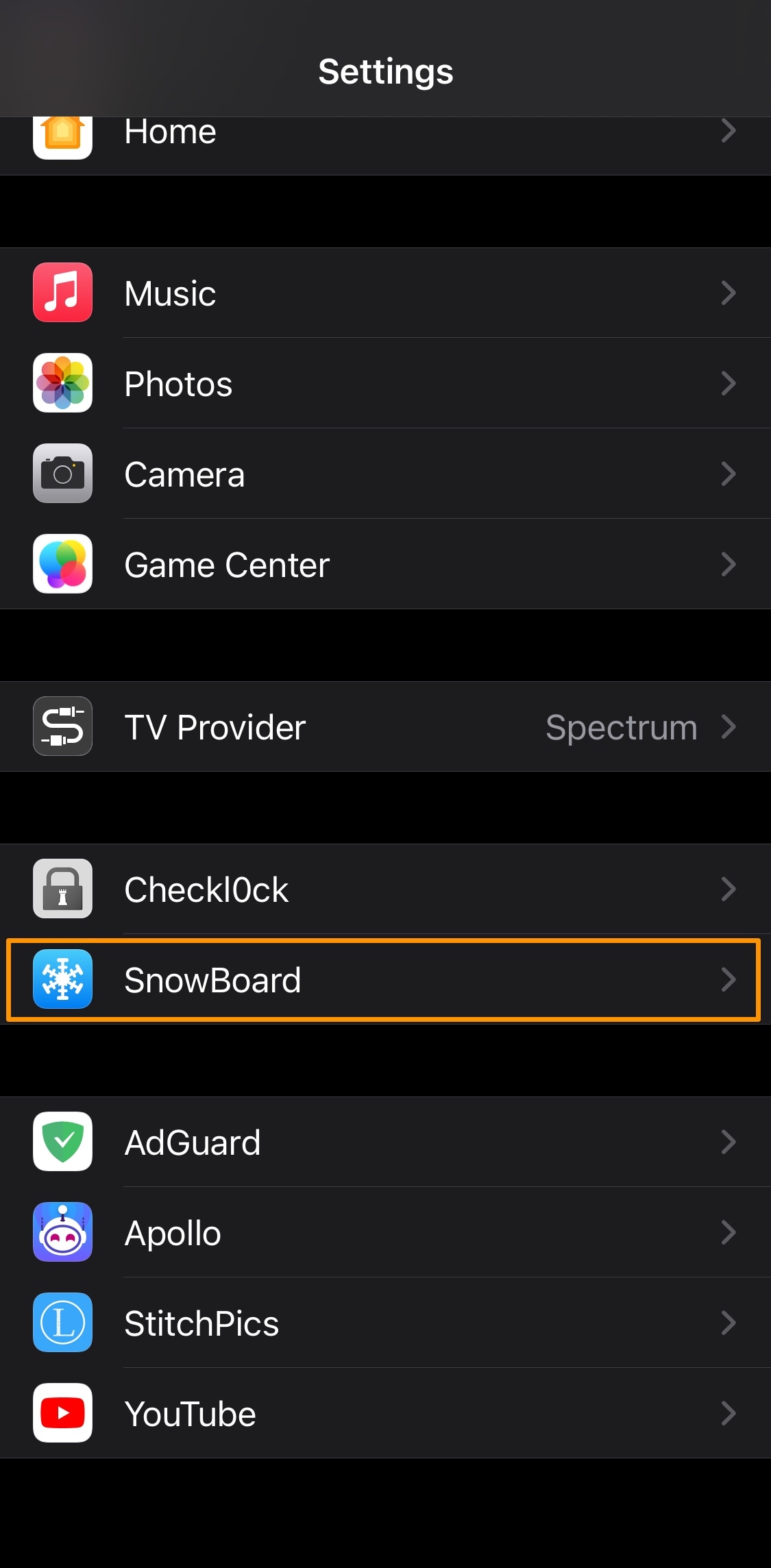 Volet de préférences SnowBoard dans l'application Paramètres.
