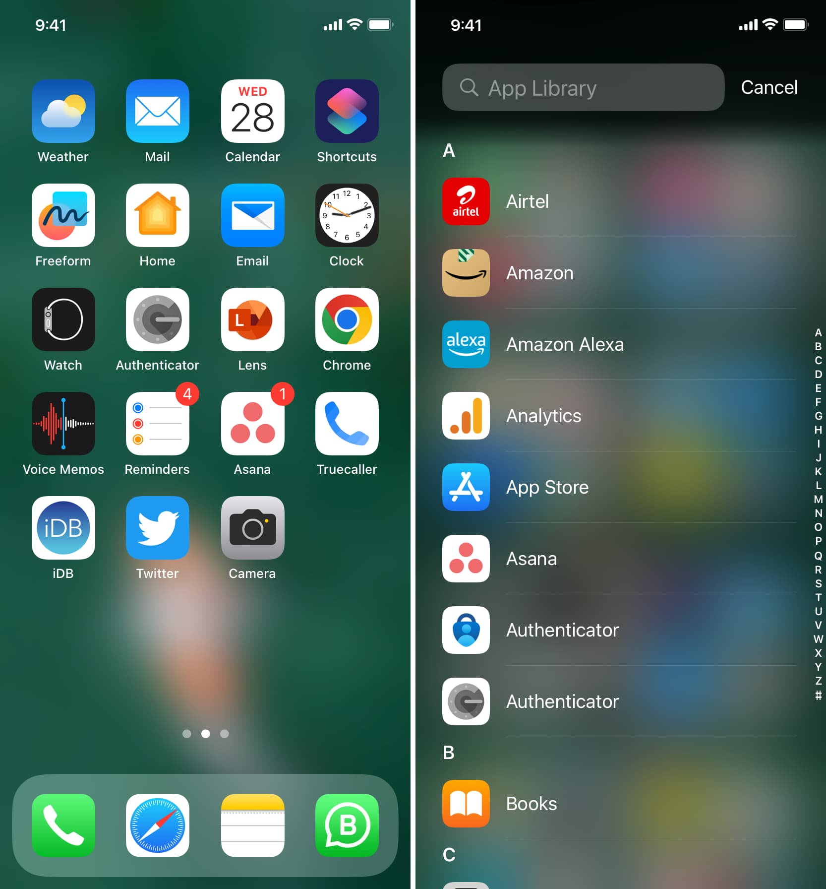 Écran d'accueil de l'iPhone et bibliothèque d'applications affichant les applications iOS
