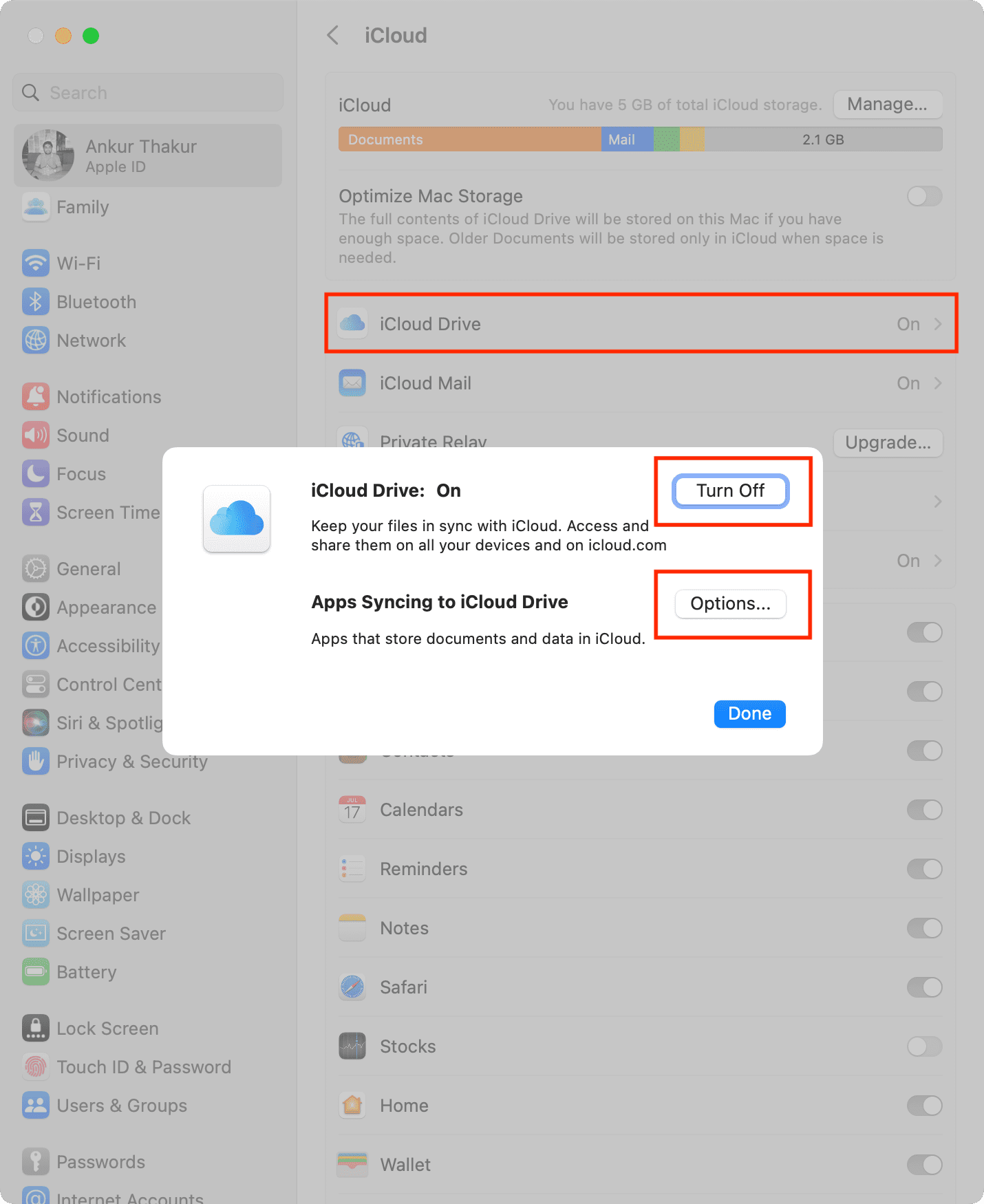 iCloud Drive activé et ses options sur Mac