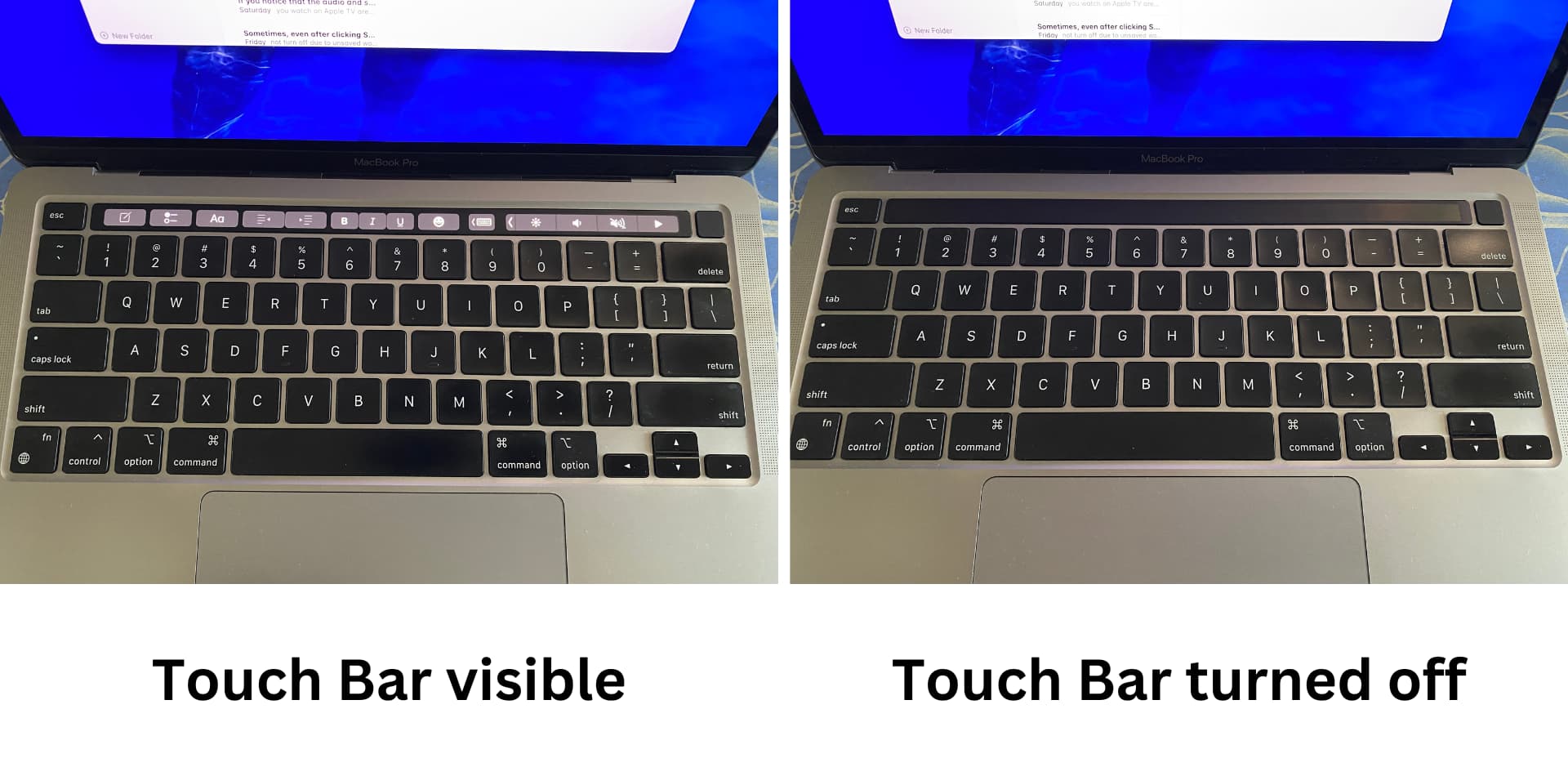Deux images MacBook Pro avec une montrant la barre tactile active avec ses boutons et une avec la barre tactile désactivée