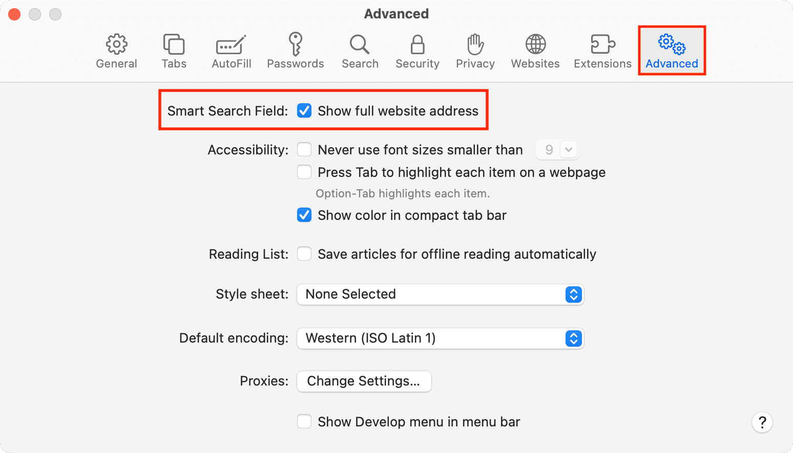 Activer l'affichage de l'adresse complète du site Web dans les paramètres de Safari sur Mac