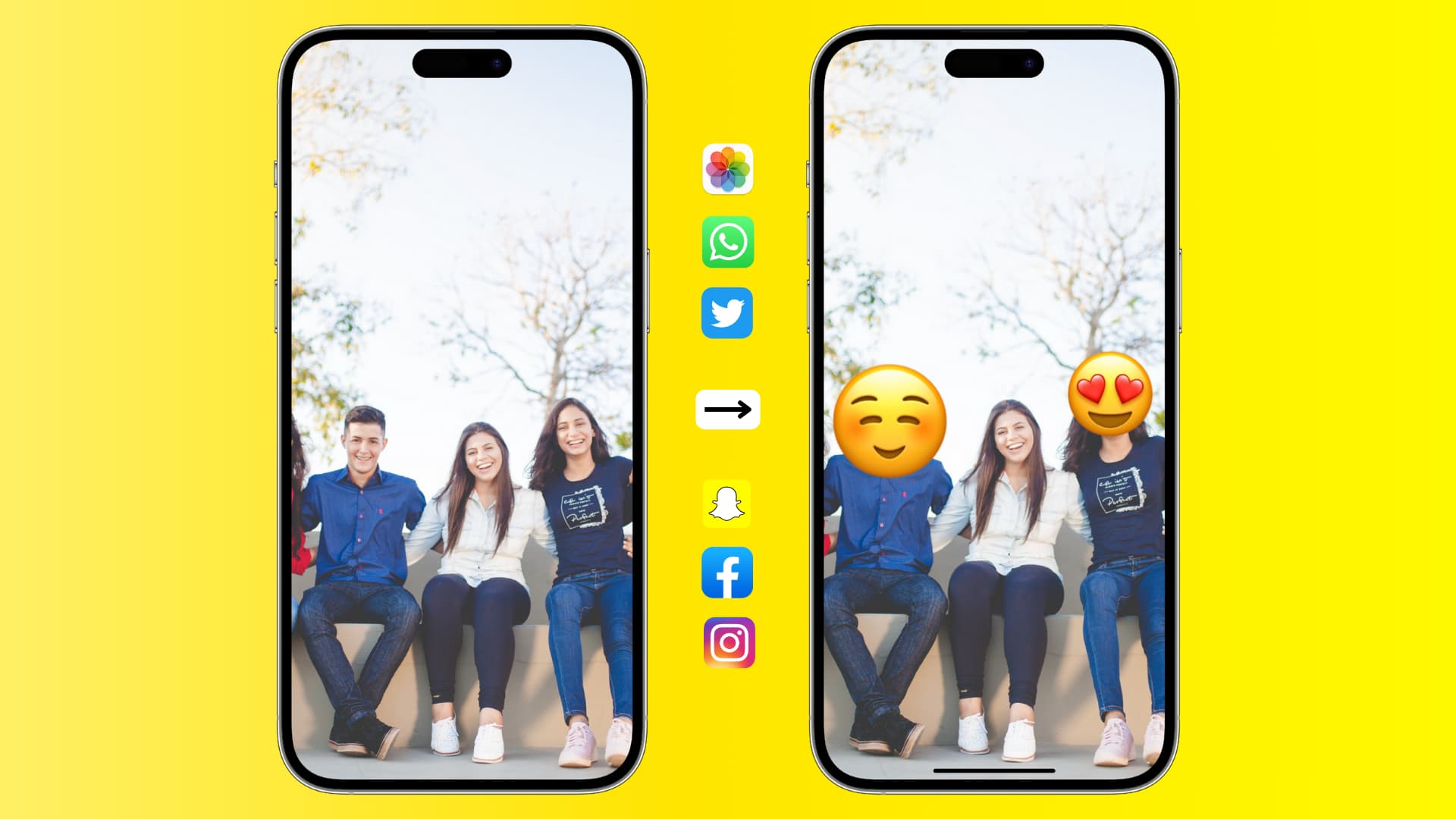 Maquettes d'iPhone montrant des emojis sur les visages de deux personnes sur une photo de groupe