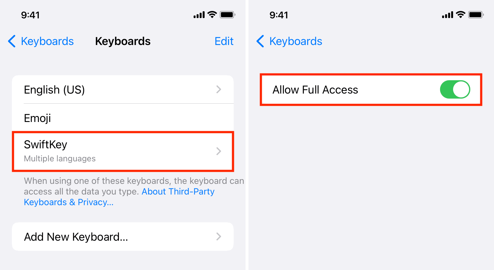 Autoriser l'accès complet au clavier iOS tiers
