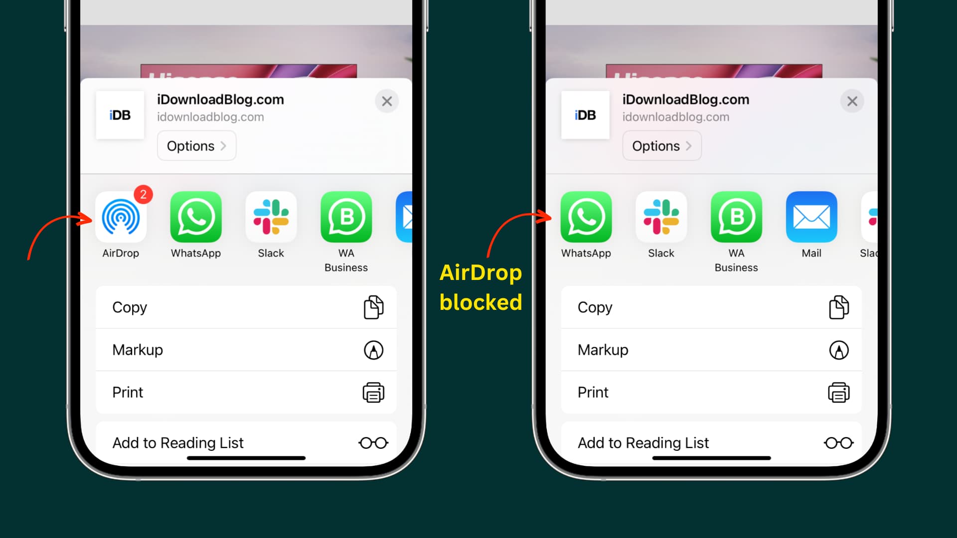Deux captures d'écran d'iPhone, l'une montrant AirDrop sur la feuille de partage et l'autre ne montrant pas AirDrop comme étant restreint