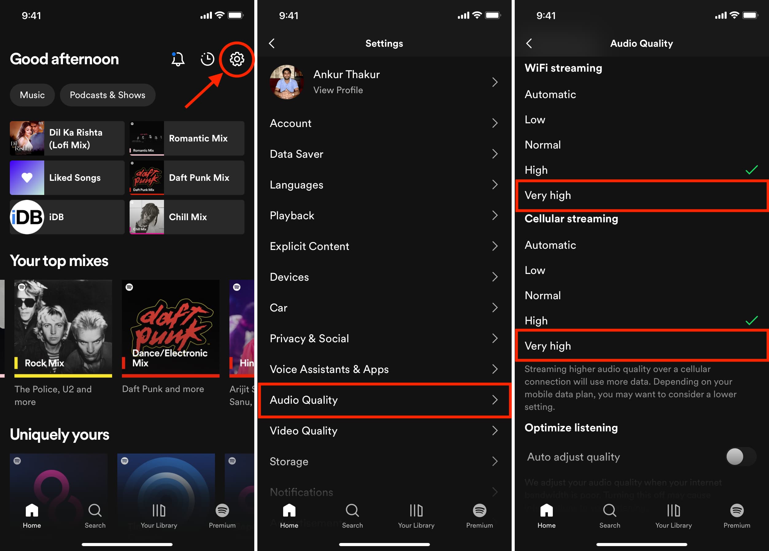Sélectionnez le streaming audio de très haute qualité dans Spotify sur iPhone